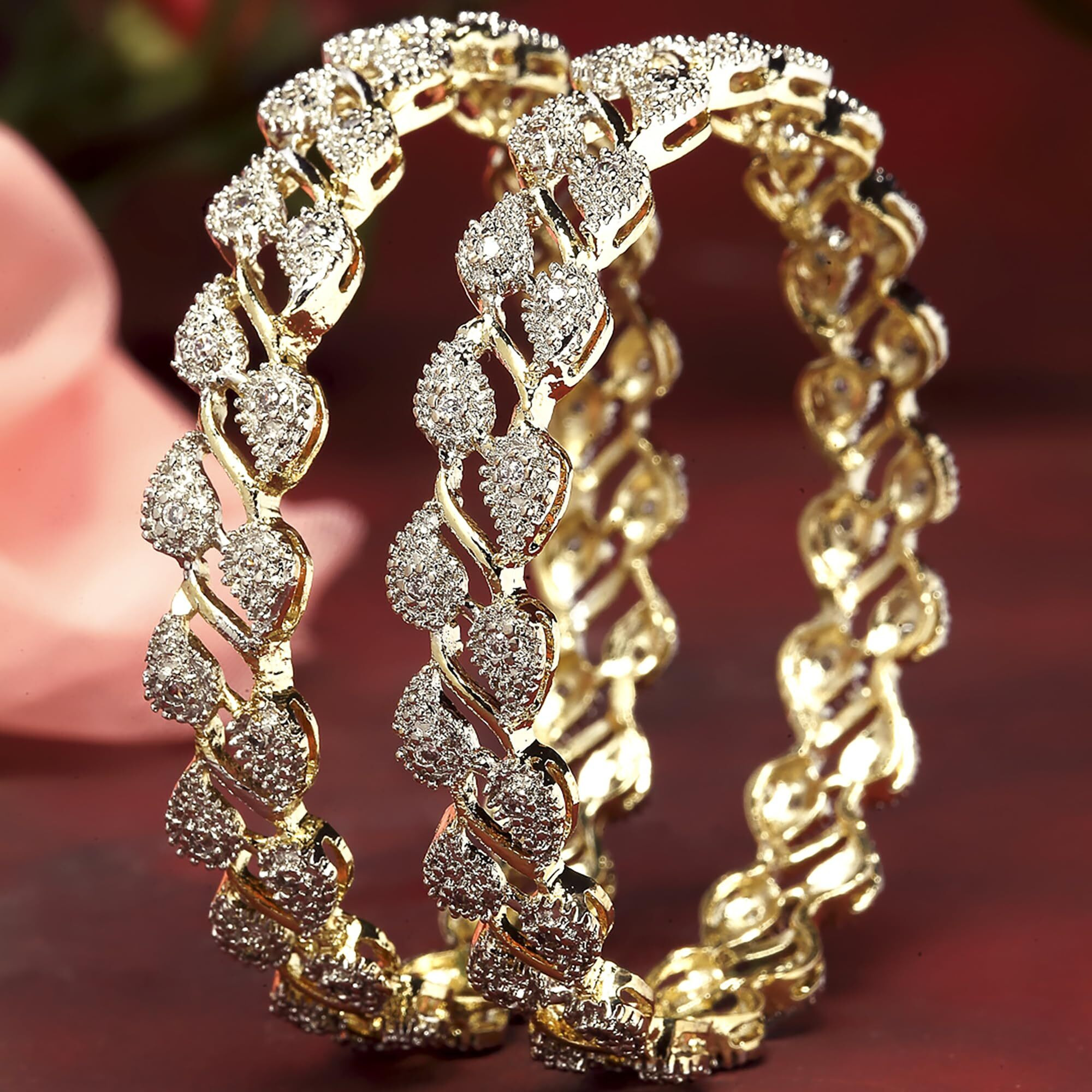 ZENEME Bangle Gold Plated American Diamond Studded Sparkling Leafy Designed Set Of 2 Bangle Jewellery For Girl and Women (2.4)