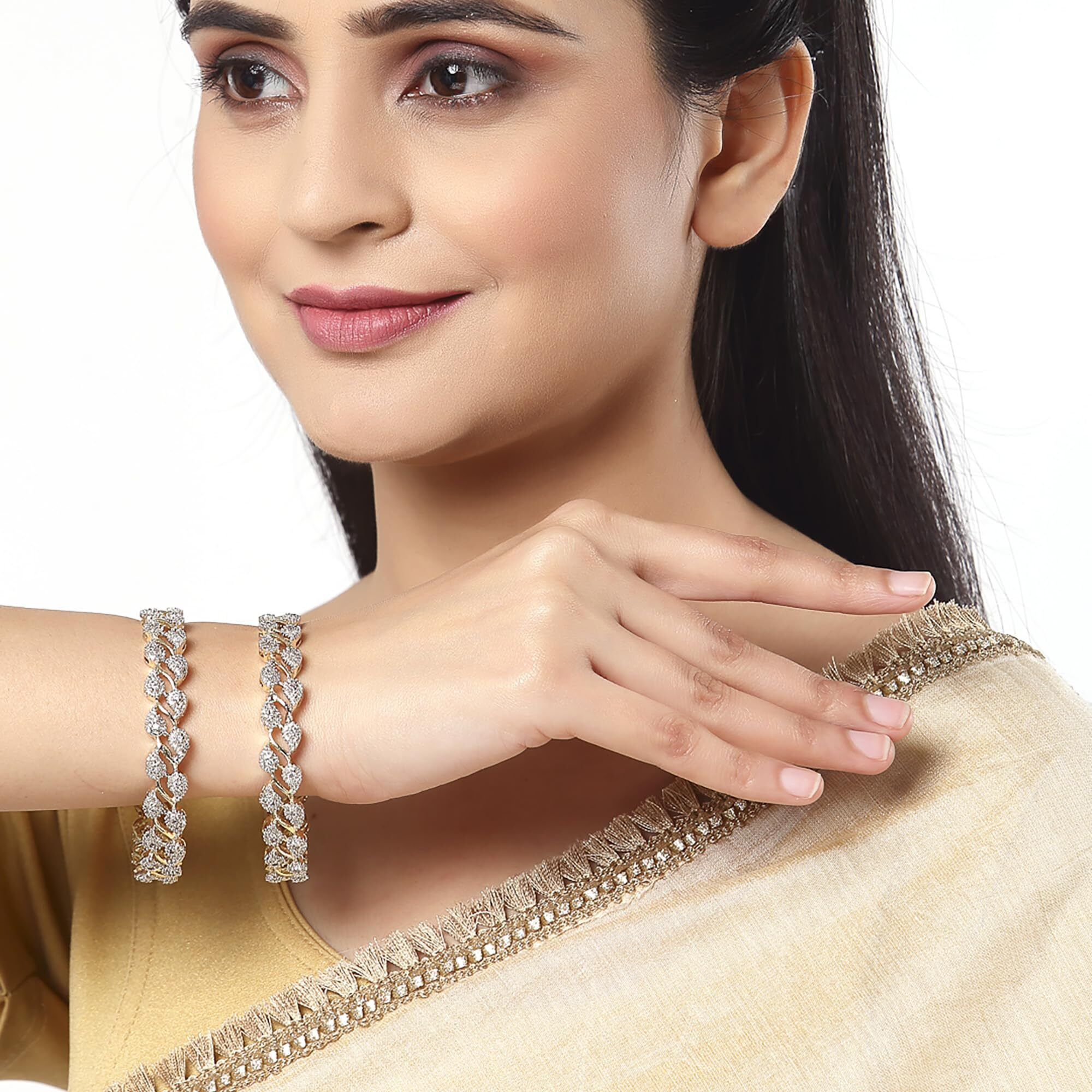 ZENEME Bangle Gold Plated American Diamond Studded Sparkling Leafy Designed Set Of 2 Bangle Jewellery For Girl and Women (2.4)