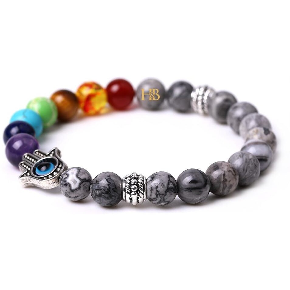 Triple Protection Gemstone Bracelets with Hamsa Hand & Evil Eye Charms - Natural Stones for Balance and Warding Off Negativity. (7 Chakra Map Jasper Hamsa Evil Eye Bracelet)