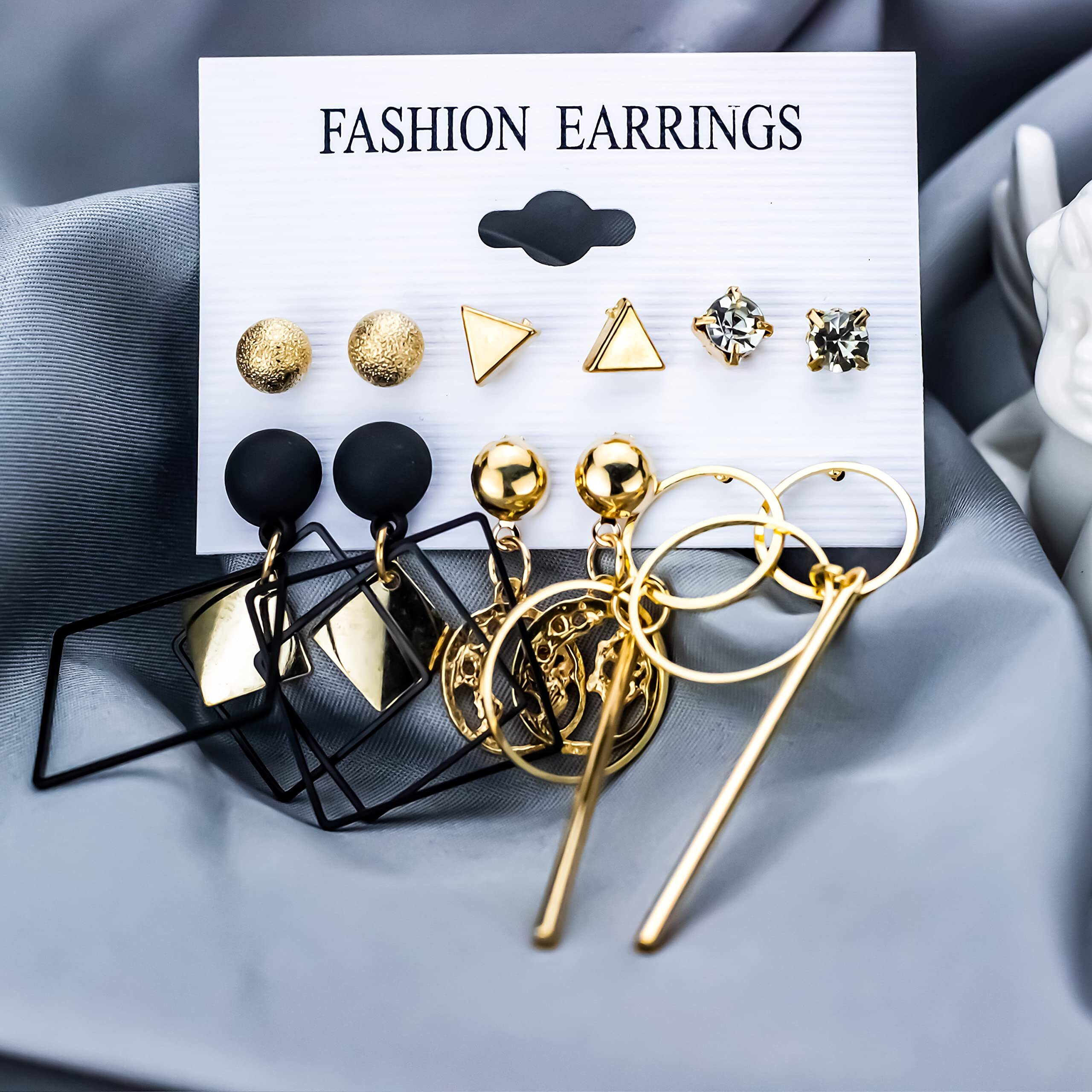 Fashion Frill Delicate Ad Geometric Gold Plated Stud & Drop Earrings For Women Girls Western Stylish Latest Fancy Earrings Set Combo (Contemporary)