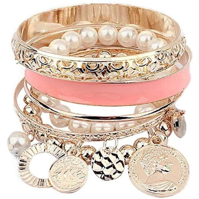Cinderella Collection By Shining Diva Pink Pearl Coins Element Charm Bracelet for Girls and Women (6762b)