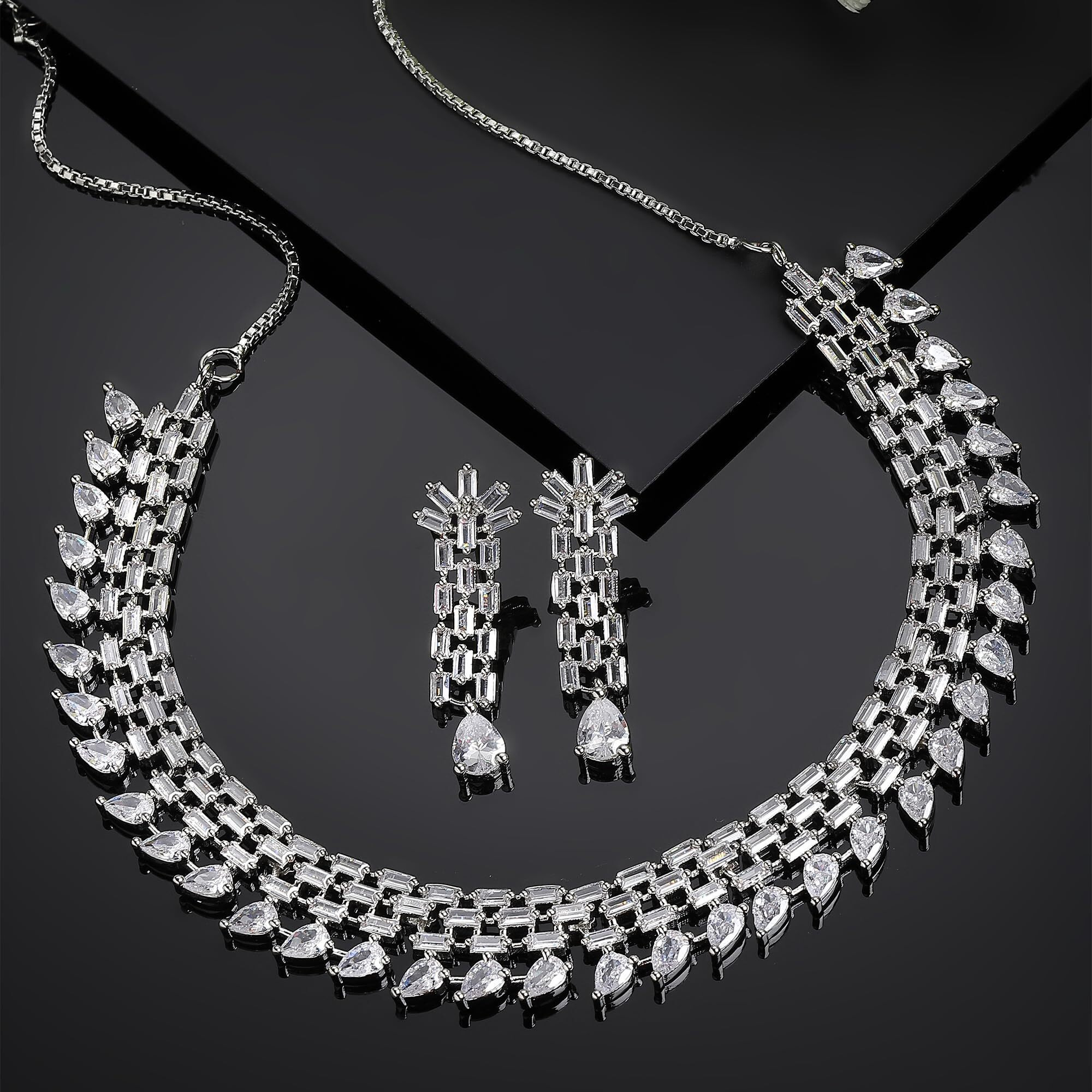 ZENEME Rhodium-Plated White American Diamond Stone-Studded Necklace with Earrings Jewellery Set for Women & Girls (White)