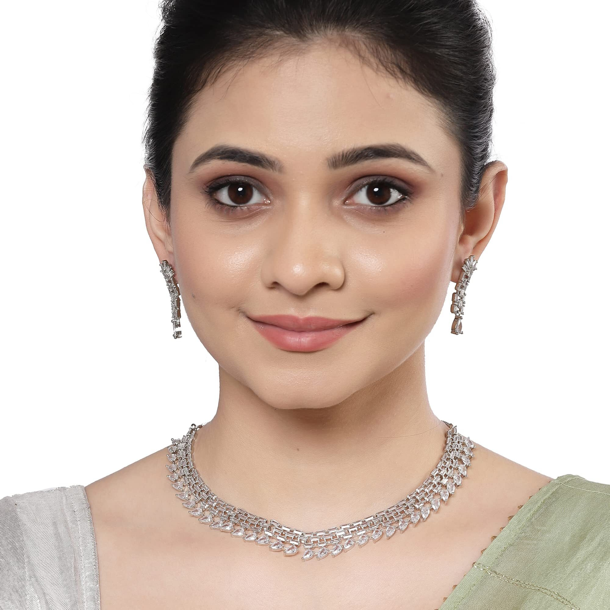 ZENEME Rhodium-Plated White American Diamond Stone-Studded Necklace with Earrings Jewellery Set for Women & Girls (White)