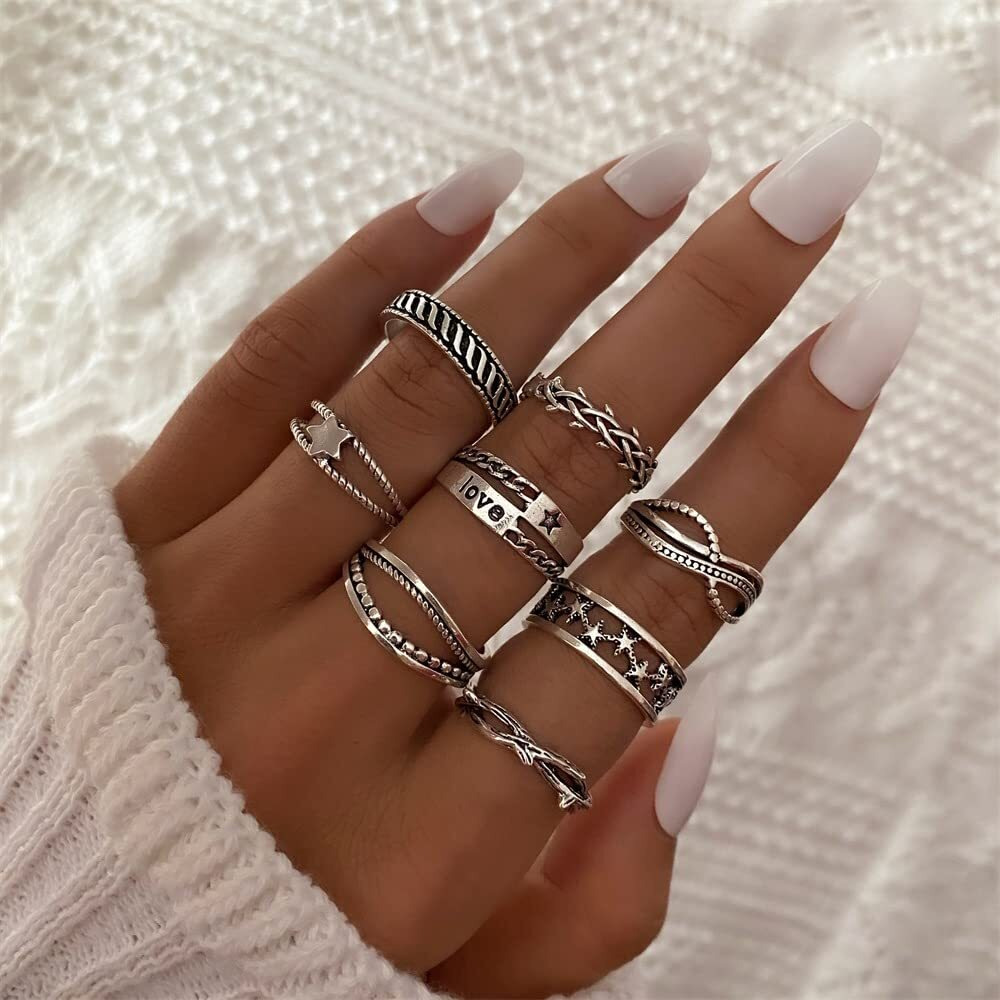 Shining Diva Fashion Latest Stylish Metal Boho Midi Finger Rings for Women and Girls - Set of 8 (rrsd14216r), Silver