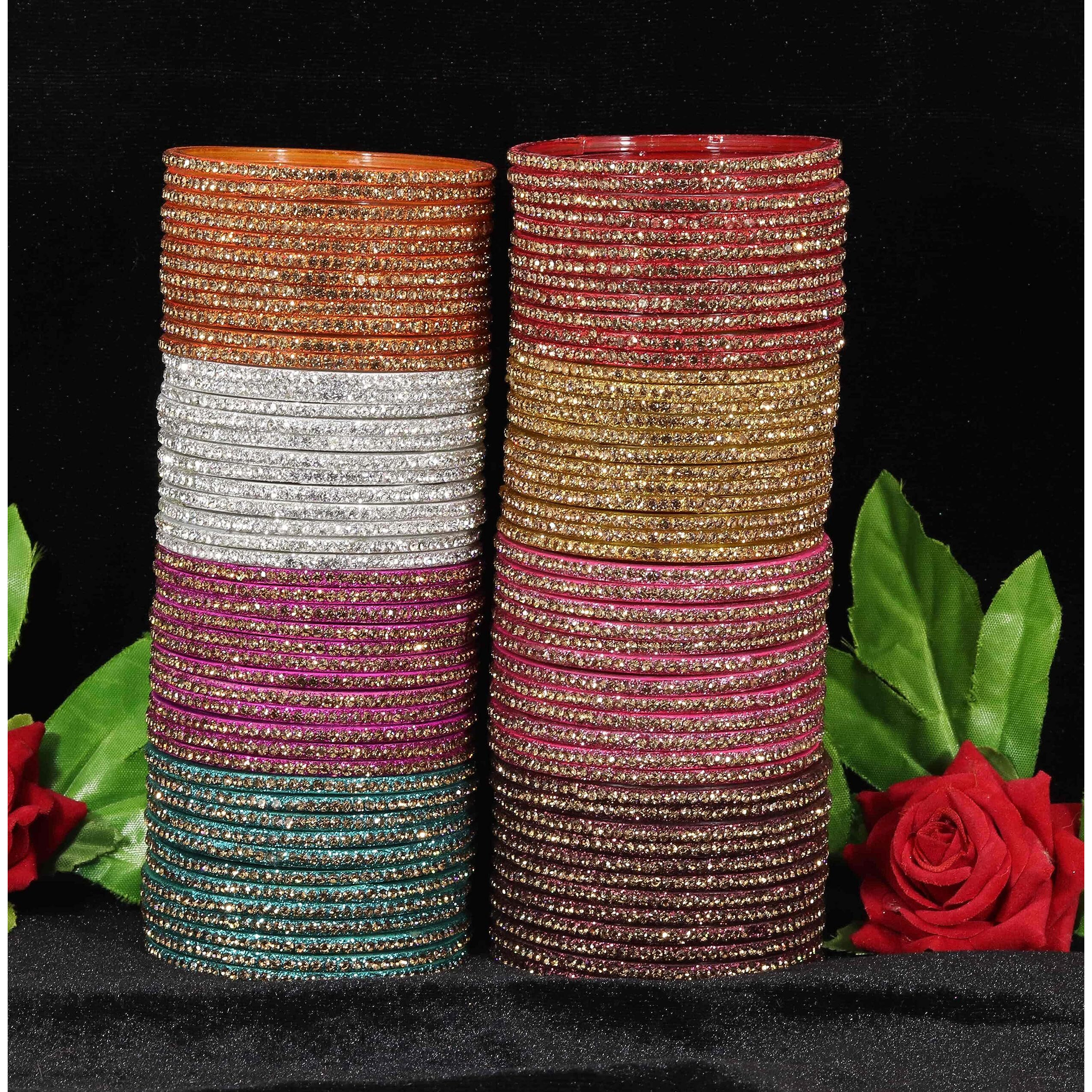 NMII Glass Bangles For Women and Girls Studded with Zircon Stone | Stylish Design Glass Bangles | Womens Fancy Bangles Bracelet, (GG103_Combo-(6)-2.2 Inches), Pack Of 96 Bangle Set