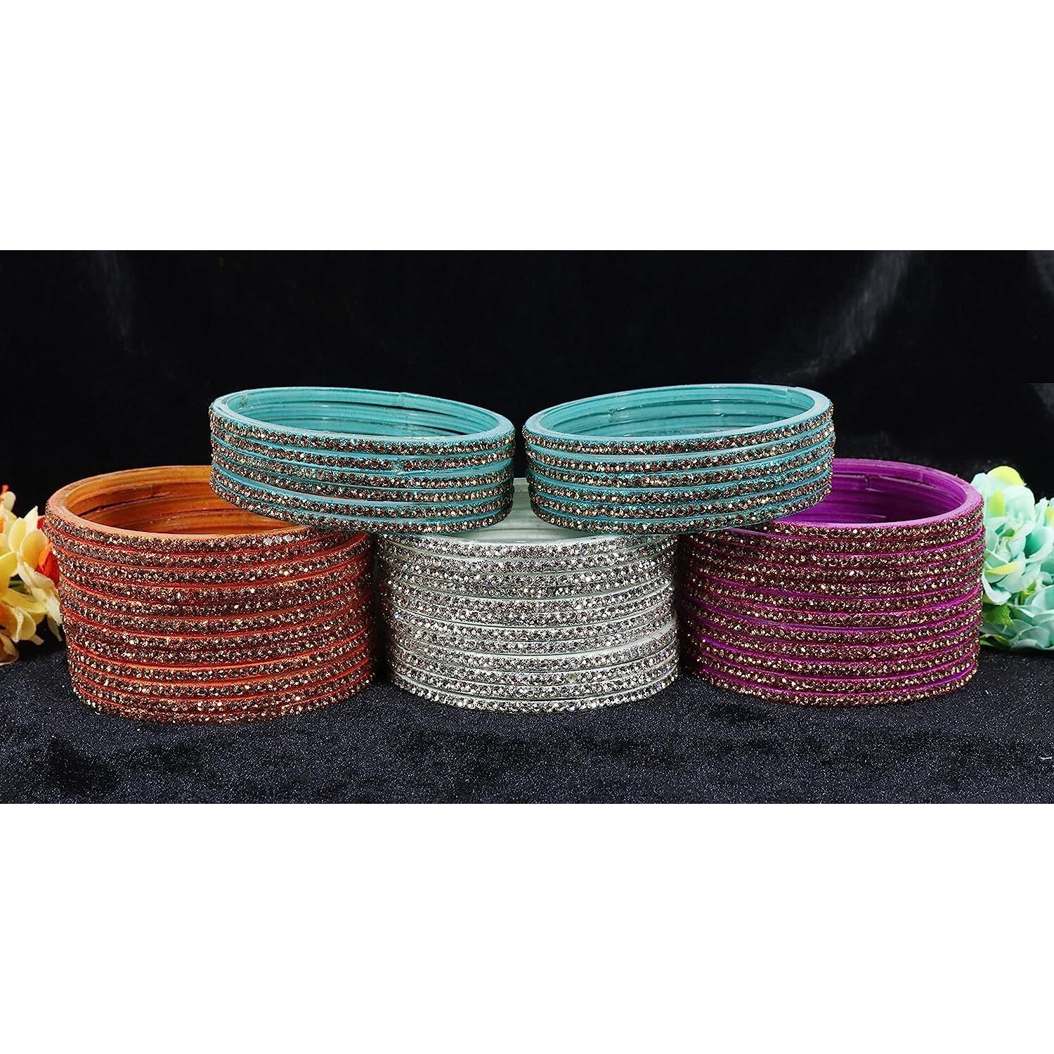 NMII Glass Bangles For Women and Girls Studded with Zircon Stone | Stylish Design Glass Bangles | Womens Fancy Bangles Bracelet, (GG103_Combo-(6)-2.2 Inches), Pack Of 96 Bangle Set