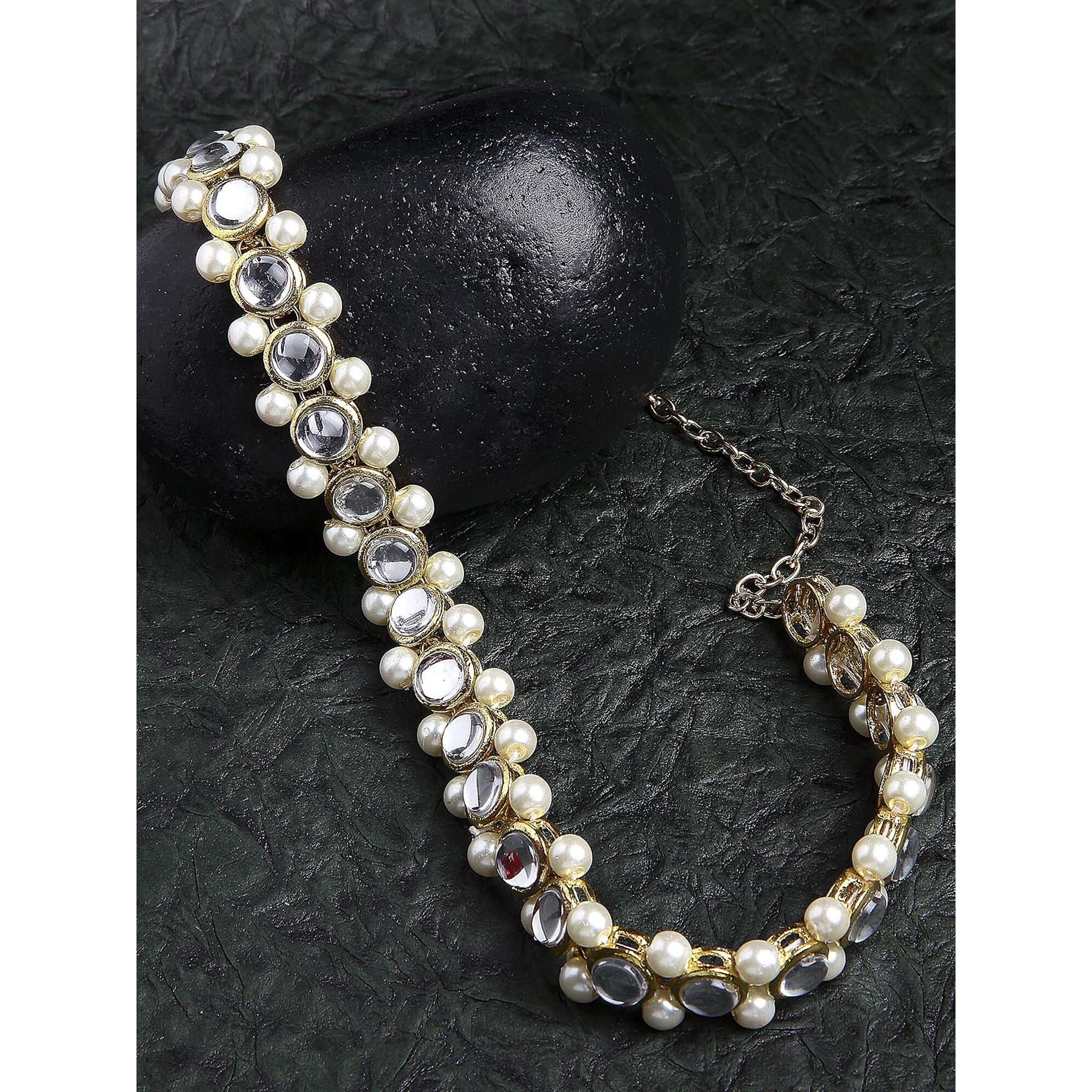 Karatcart Round Metal Kundan Studded Hairband with Pearl Beads for Women - Gold