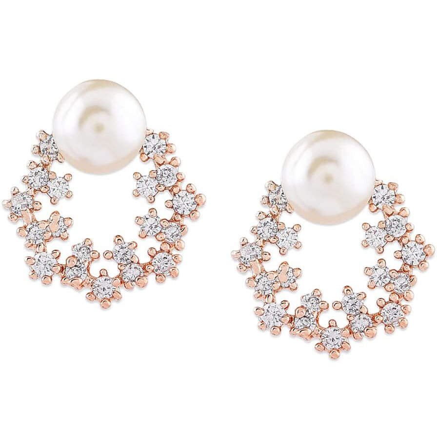 Zaveri Pearls Enchanting Gold Tone Floral Cubic Zirconia & Pearl Stud Earring For Women-ZPFK9456