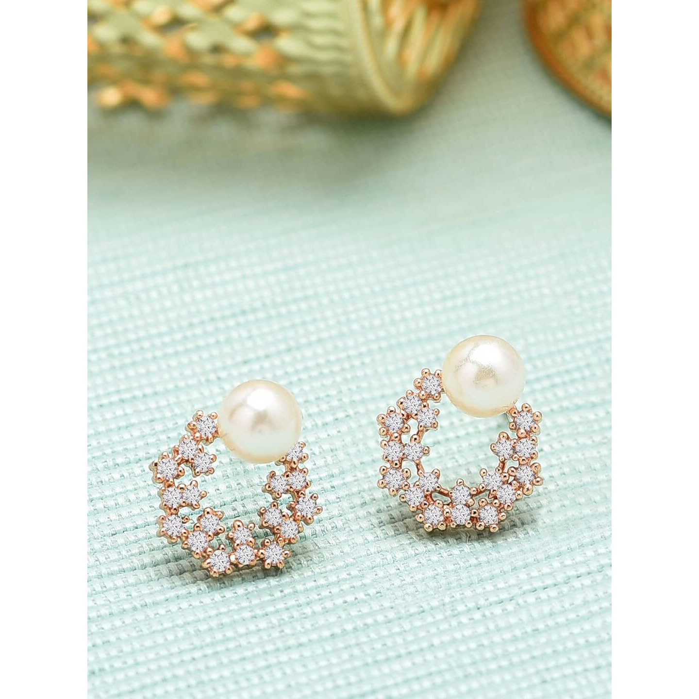 Zaveri Pearls Enchanting Gold Tone Floral Cubic Zirconia & Pearl Stud Earring For Women-ZPFK9456