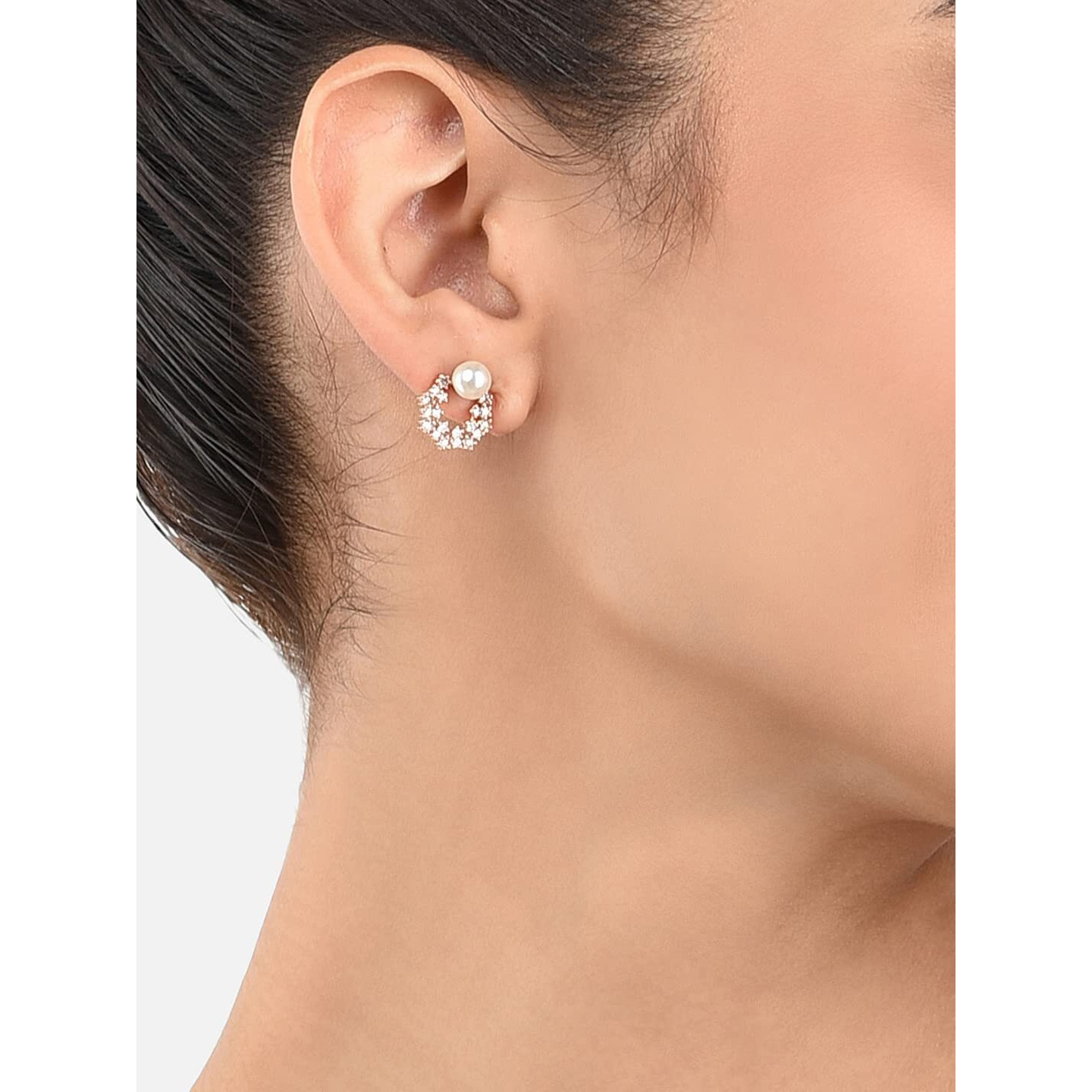 Zaveri Pearls Enchanting Gold Tone Floral Cubic Zirconia & Pearl Stud Earring For Women-ZPFK9456