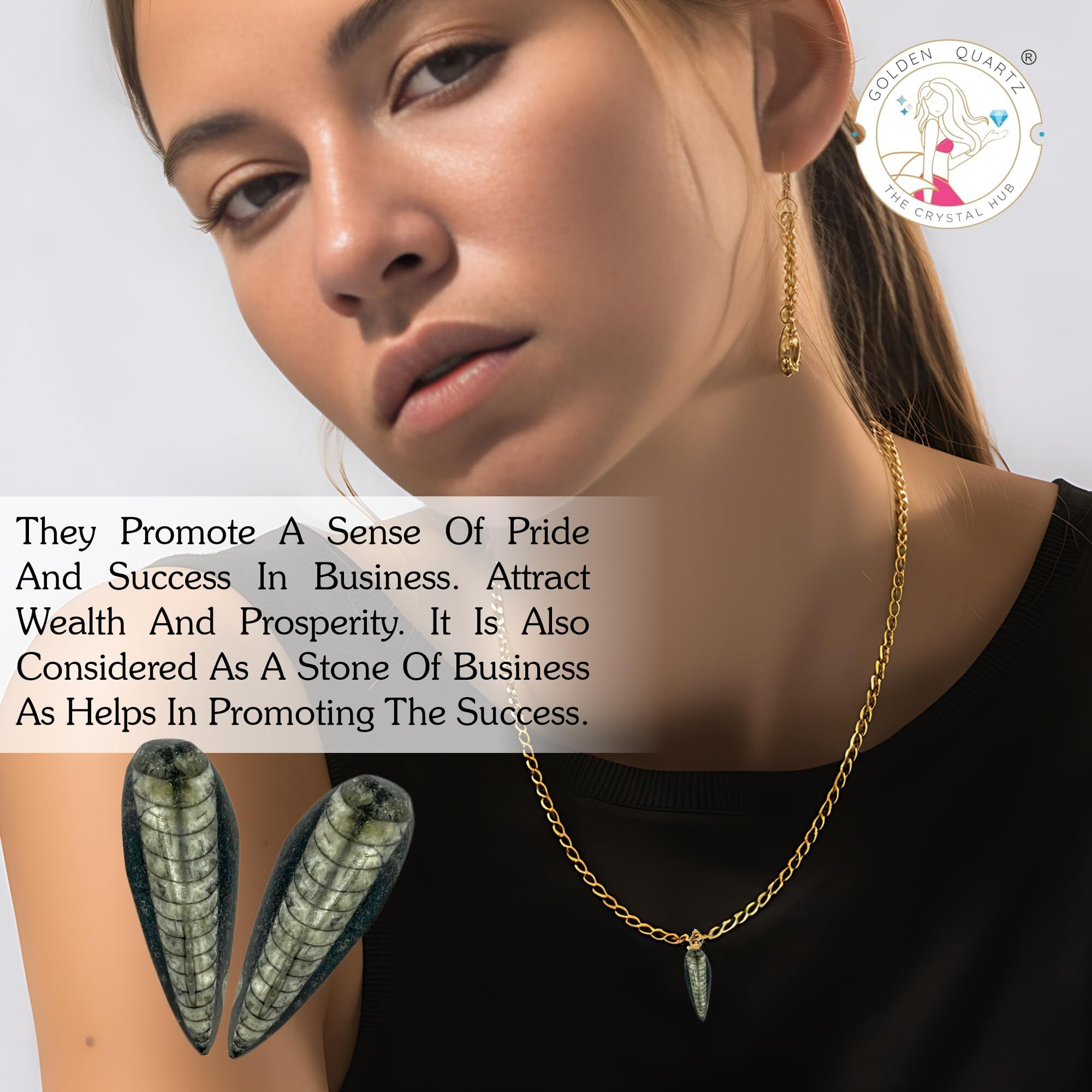 GOLDEN QUARTZ - THE CRYSTAL HUB - Orthoceras Fossil Pendant Kuber Finance Success Crystal Natural Locket With Chain For Girls (Fossil Stone)