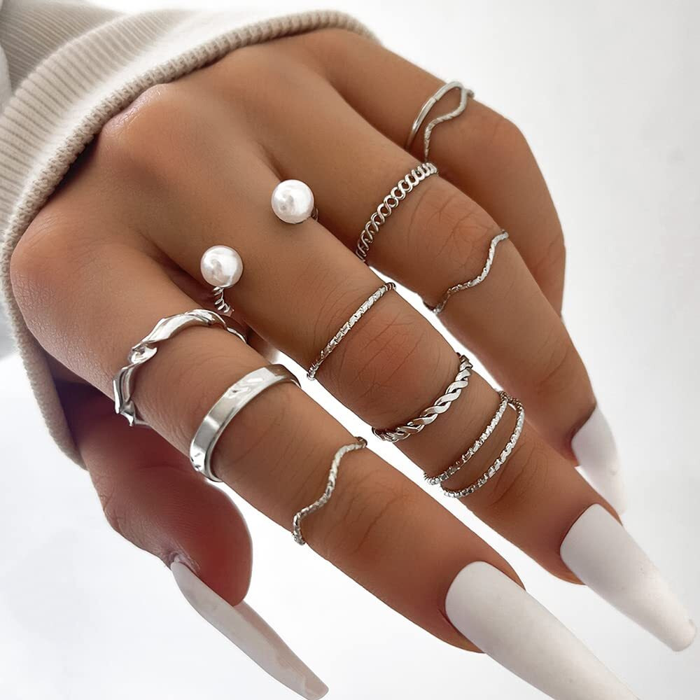 Shining Diva Fashion Latest Stylish Metal Boho Midi Finger Rings for Women and Girls - Set of 10 (14179r), Silver