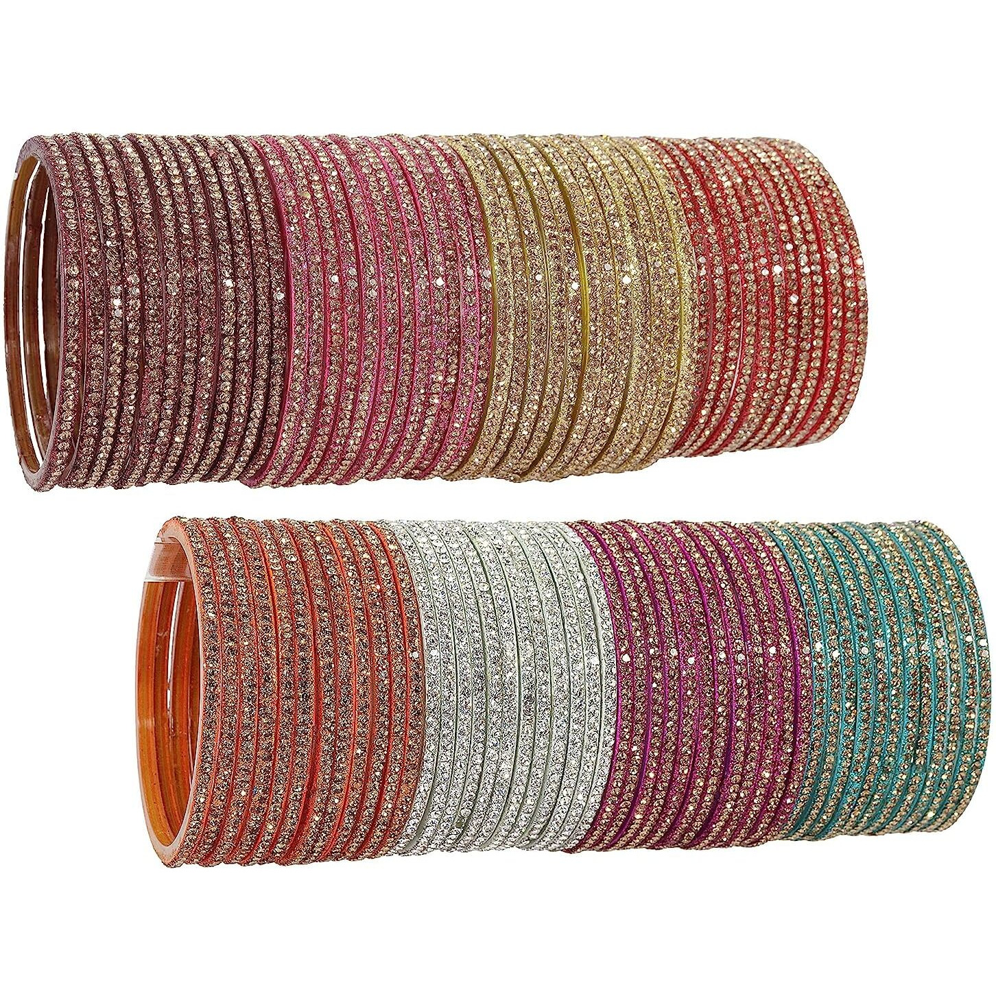 NMII Glass Bangles For Women and Girls Studded with Zircon Stone | Stylish Design Glass Bangles | Womens Fancy Bangles Bracelet, (GG103_Combo-(6)-2.4 Inches), Pack Of 96 Bangle Set