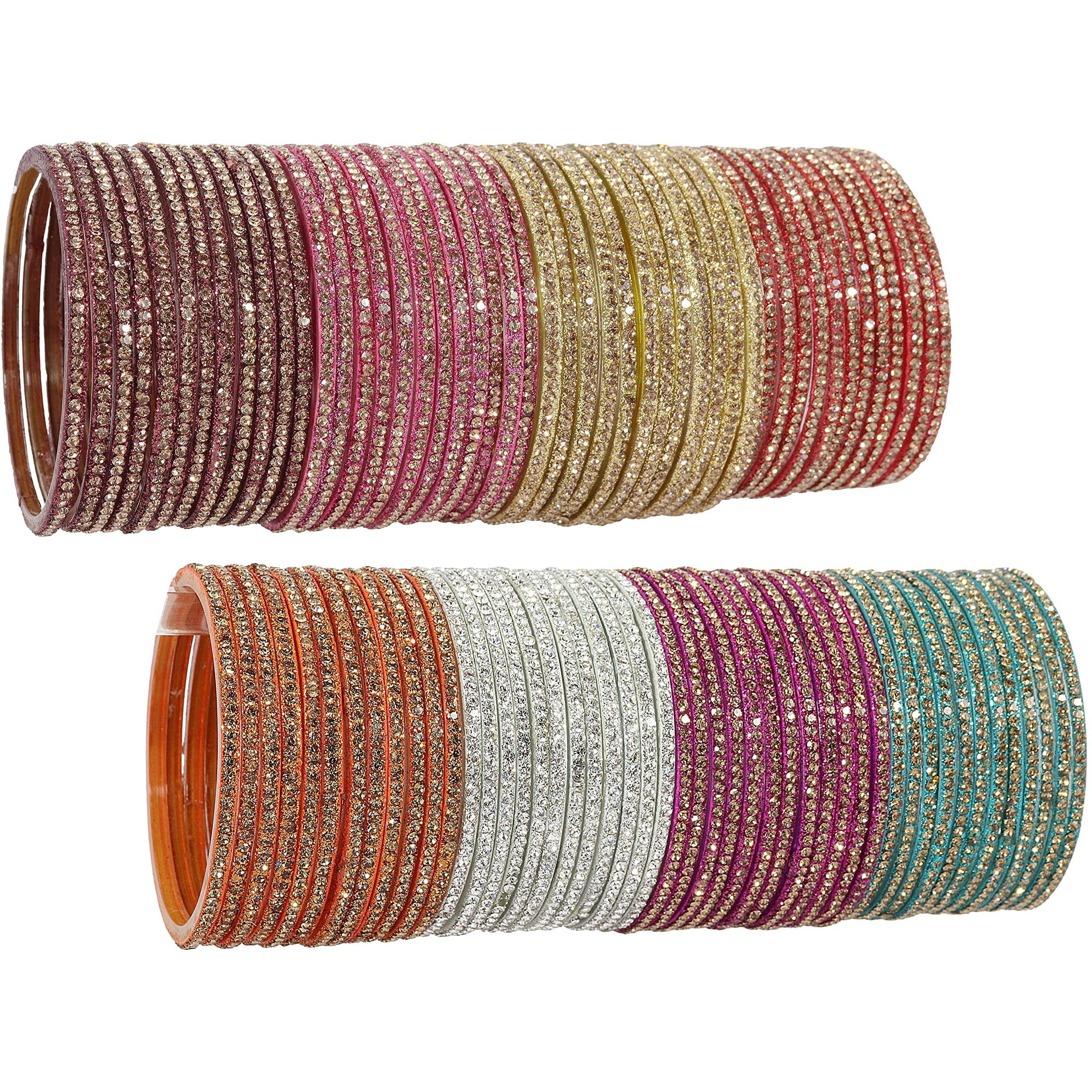 NMII Glass with Zircon Gemstone Studdded Glossy Finished Traditional Bangle Set For Women and Girls, (G103_Combo-A_2.4 Inches), Pack Of 96 Bangle Set