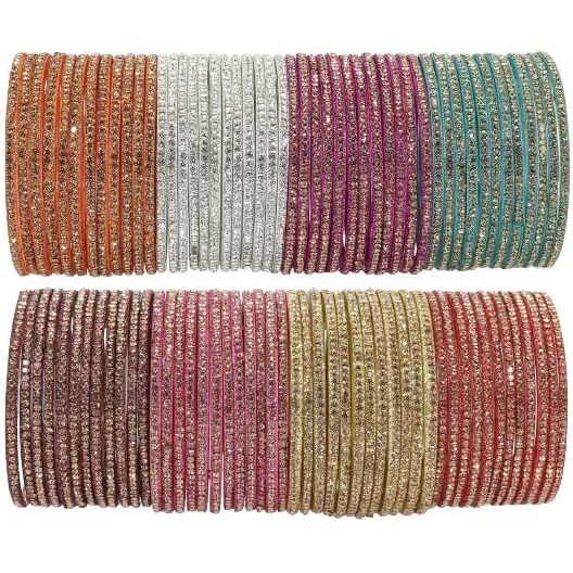 NMII Glass with Zircon Gemstone Studdded Glossy Finished Traditional Bangle Set For Women and Girls, (G103_Combo-A_2.4 Inches), Pack Of 96 Bangle Set