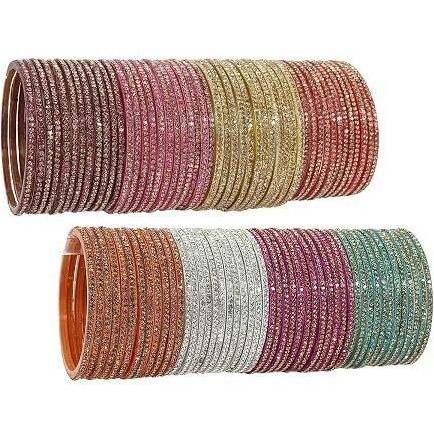 NMII Glass with Zircon Gemstone Studdded Glossy Finished Traditional Bangle Set For Women and Girls, (G103_Combo-B_2.4 Inches), Pack Of 96 Bangle Set