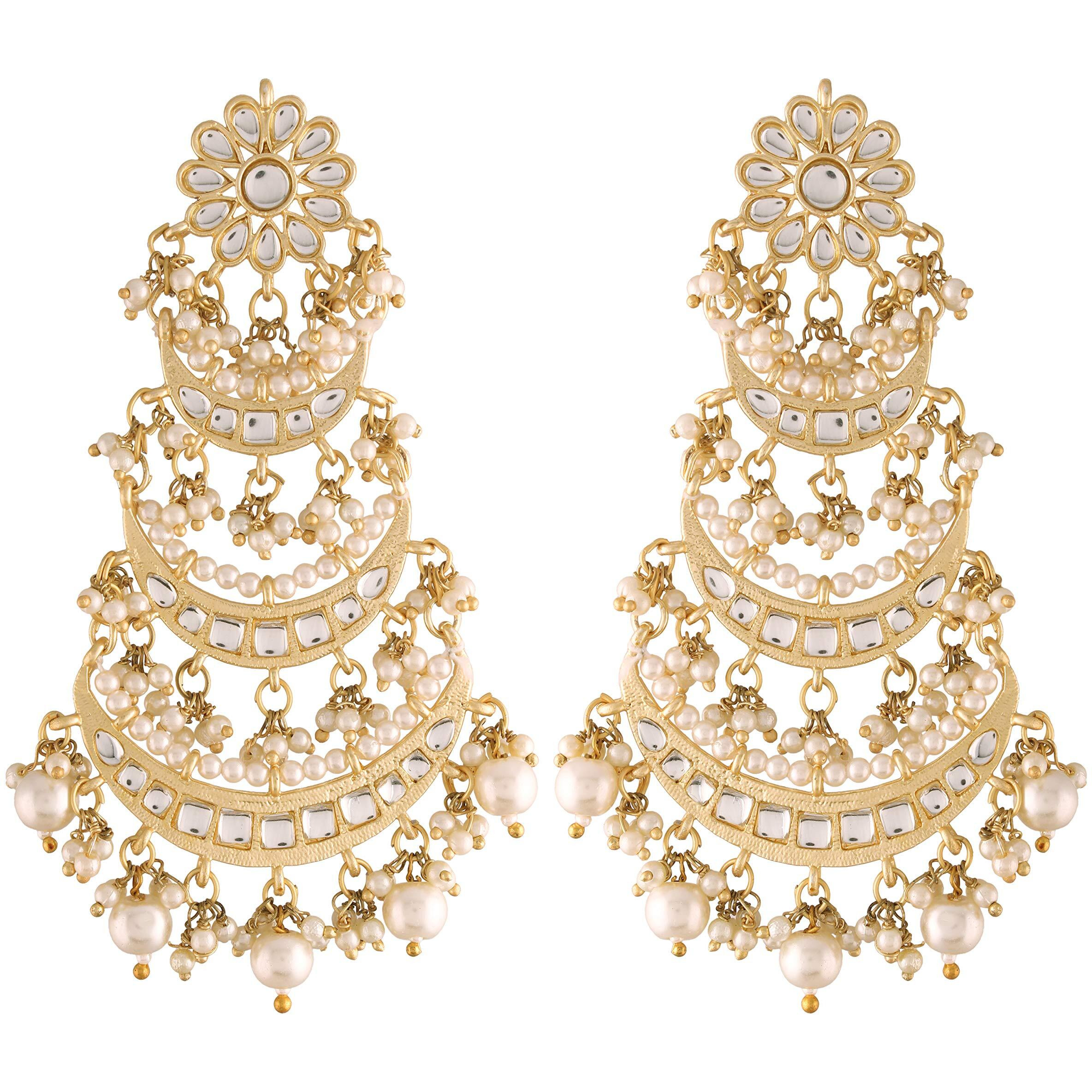 I Jewels 18k Gold Plated 3 Layered Beaded Chandbali Earrings with Kundan and Pearl Work for Women (E2859)