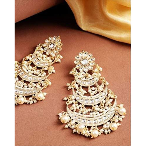 I Jewels 18k Gold Plated 3 Layered Beaded Chandbali Earrings with Kundan and Pearl Work for Women (E2859)