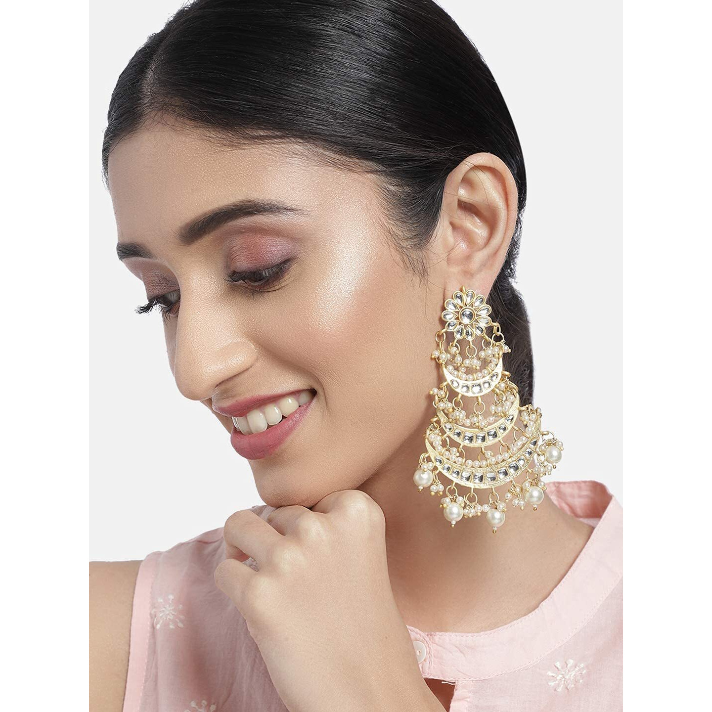 I Jewels 18k Gold Plated 3 Layered Beaded Chandbali Earrings with Kundan and Pearl Work for Women (E2859)
