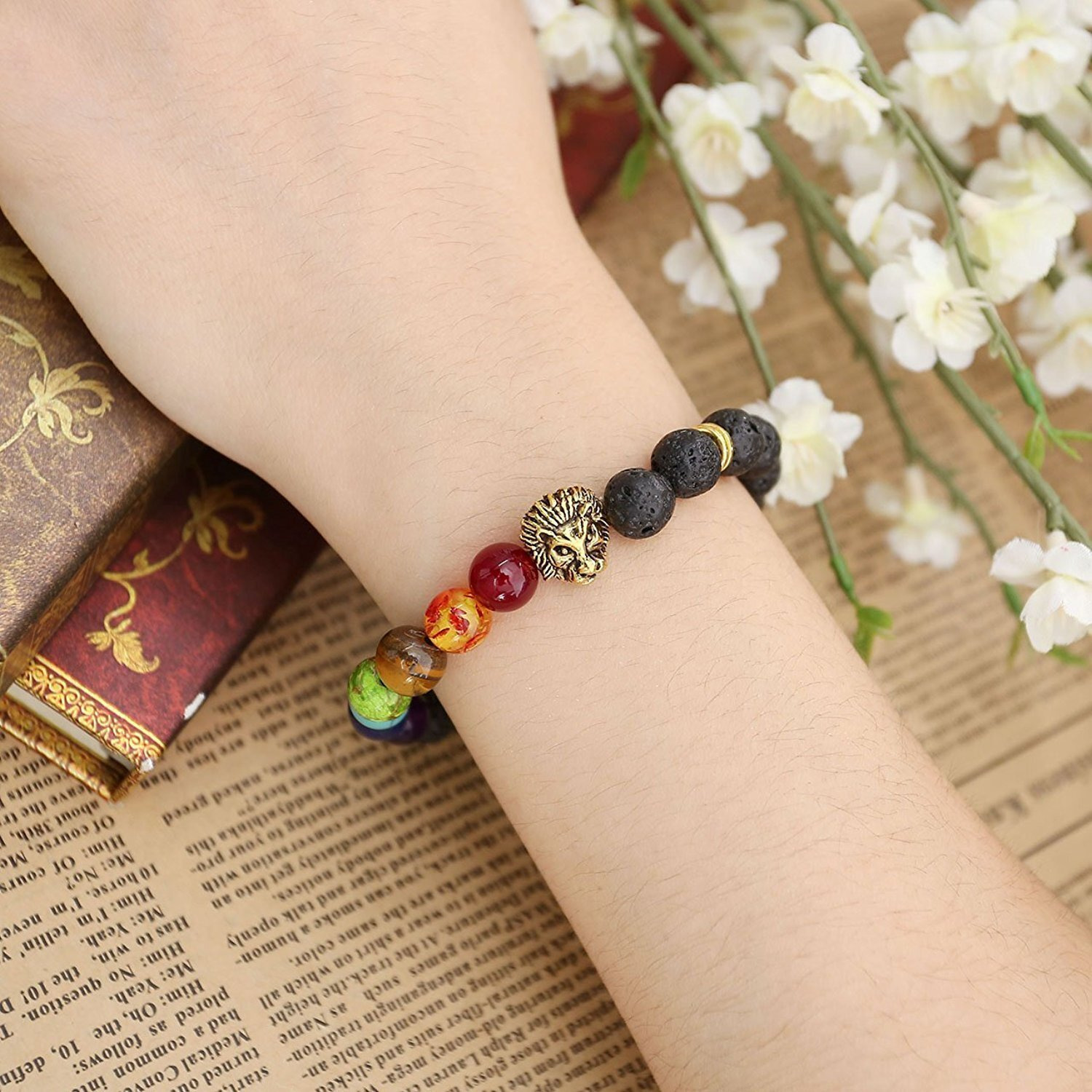 Shining Diva Fashion 7 Chakra Fearless Lion Natural Lava Stone Stylish Charm Bracelet for Men-(9382b)