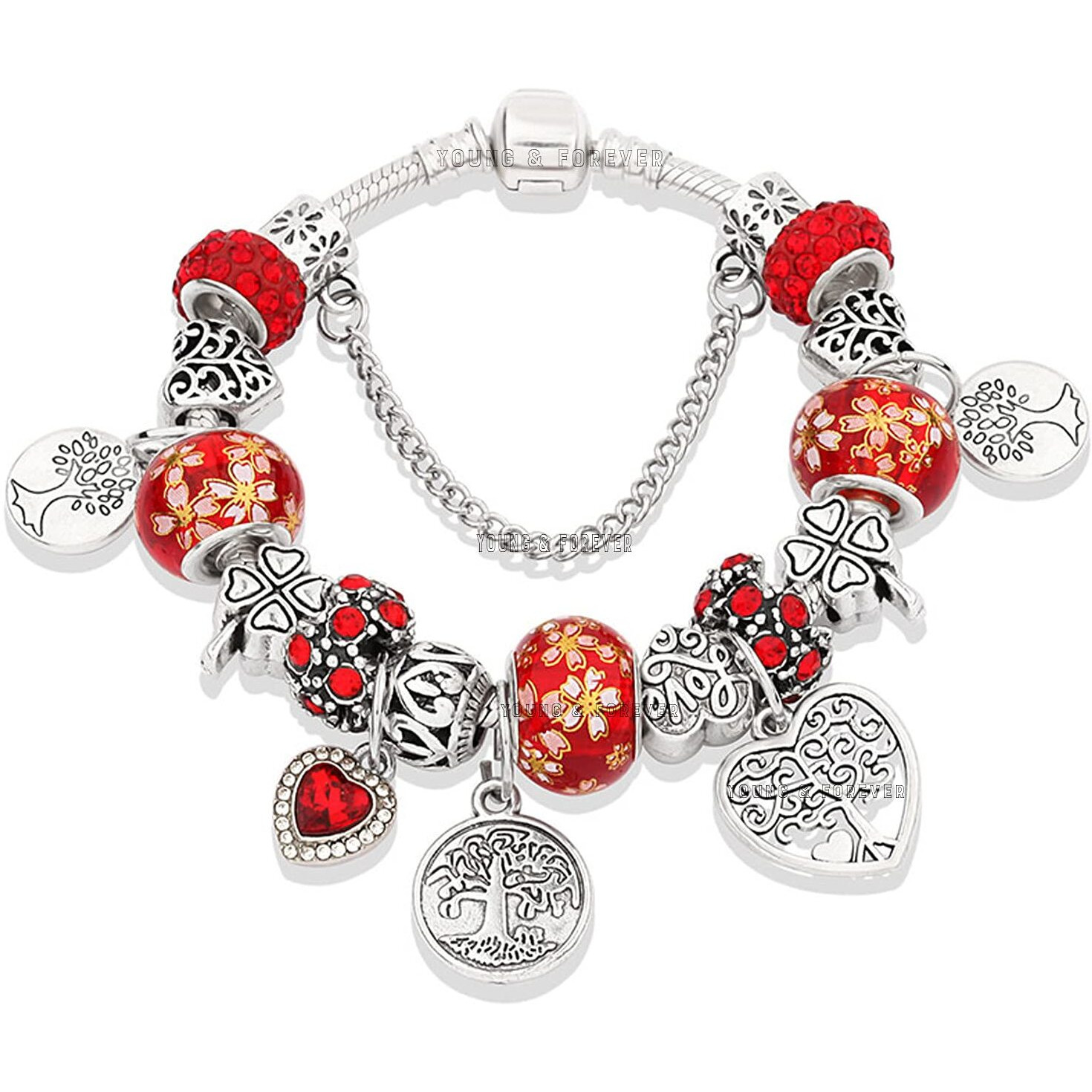 Young & Forever Gift Charismatic Charms Bracelets for Women Fashion Silver Plated Love Heart Cubic Zirconia Tree of Life Murano Beads Charm Bracelet for Girls