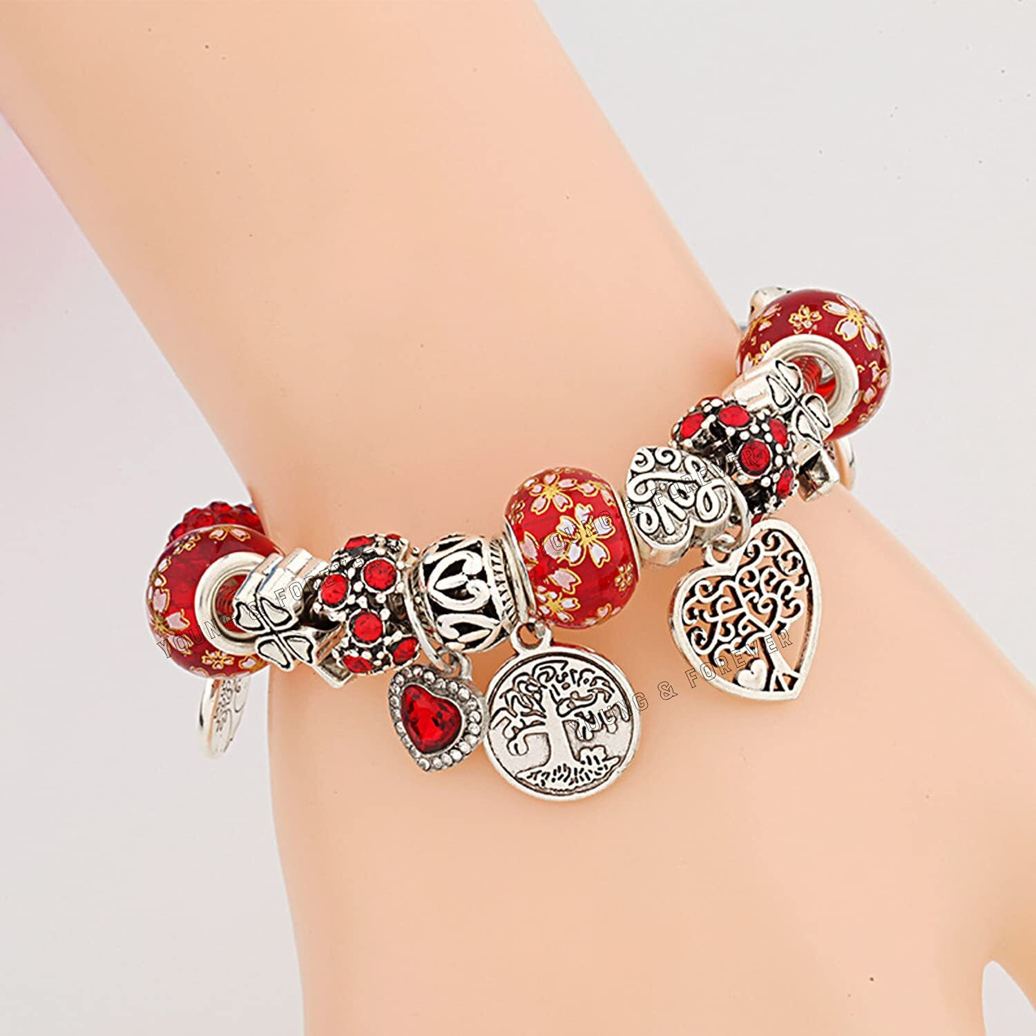 Young & Forever Gift Charismatic Charms Bracelets for Women Fashion Silver Plated Love Heart Cubic Zirconia Tree of Life Murano Beads Charm Bracelet for Girls
