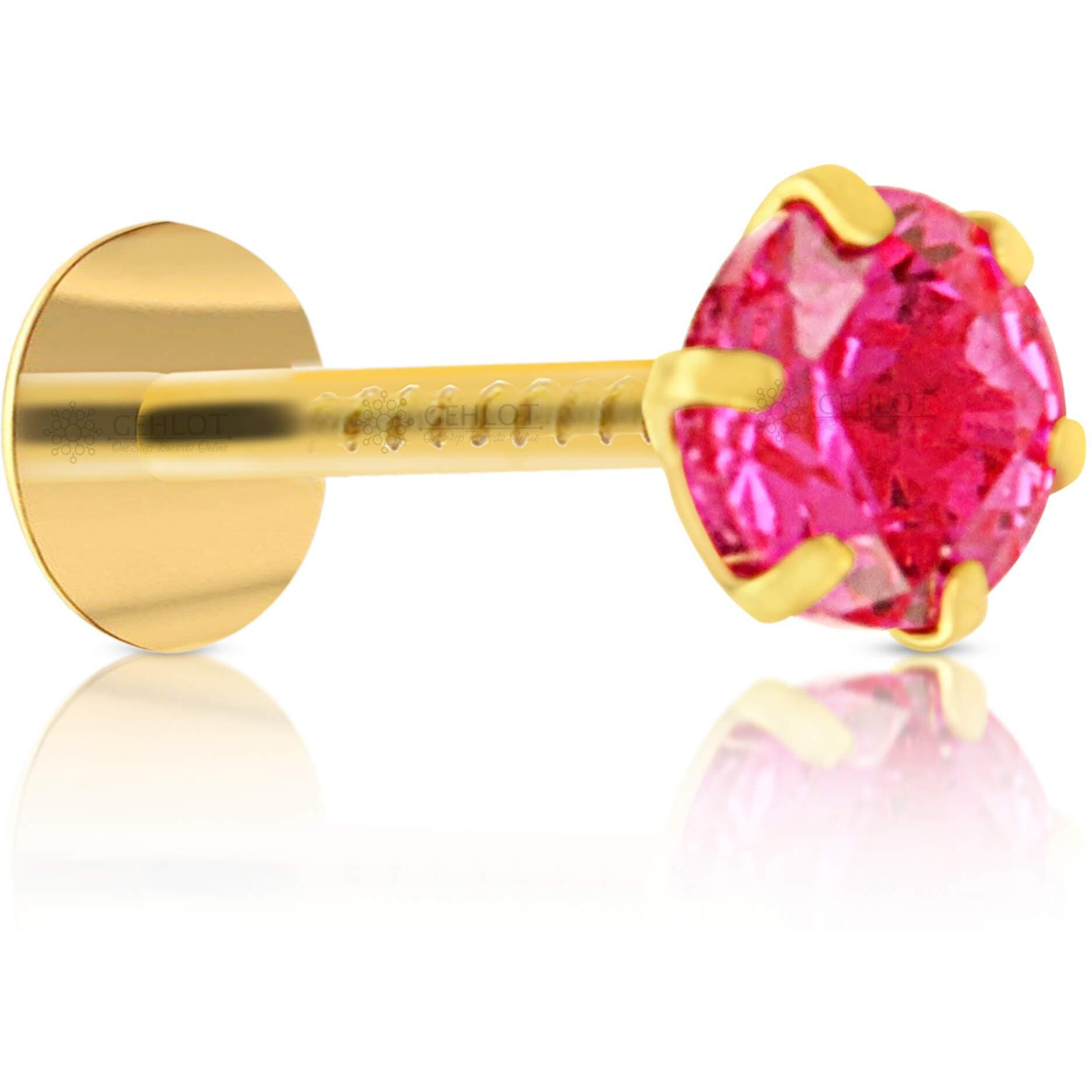 GEHLOT  OneStep Towards Online Round Shape Pink Diamond 14K Pure Yellow Gold Nose Pins Studs Diamond Nose Pins For Women And Girl - Pink Teeth Round