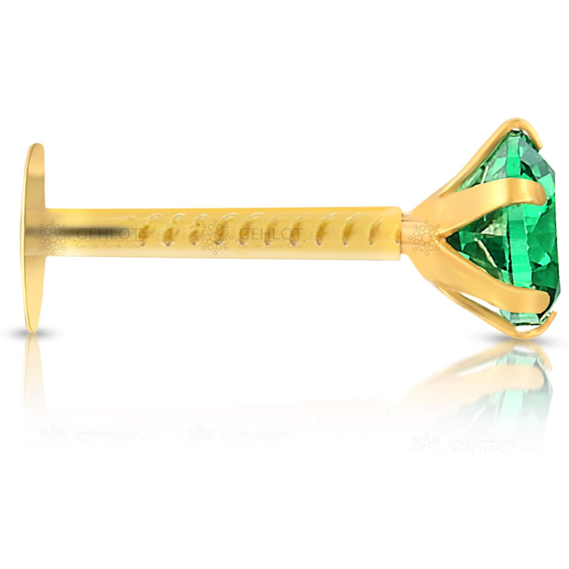 GEHLOT  OneStep Towards Online Round Shape Green Diamond 14K Pure Yellow Gold Nose Pins Studs For Women And Girl (Green teeth round)