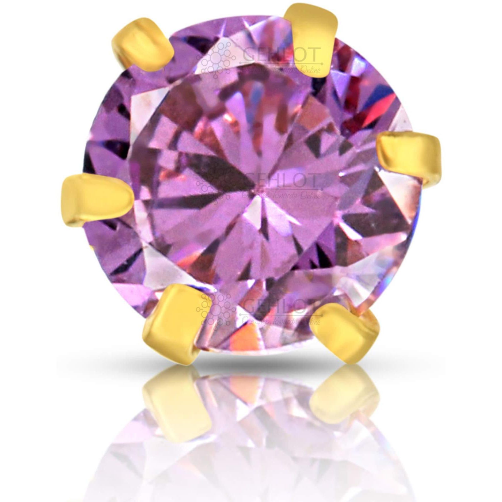 GEHLOT  OneStep Towards Online Round Shape Purple Diamond 14K Pure Yellow Gold Nose Pins Studs For Women And Girl (Purple teeth round)