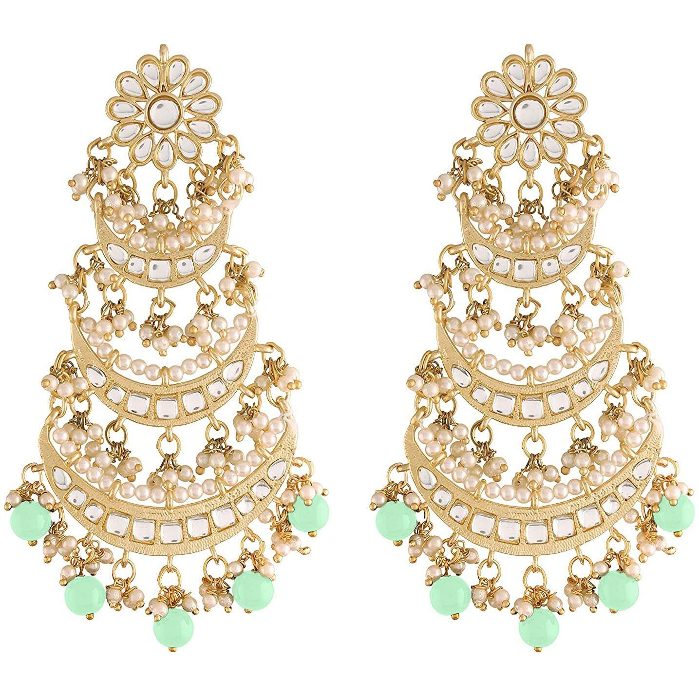 I Jewels 18k Gold Plated 3 Layered Beaded Chandbali Earrings with Kundan and Pearl Work for Women (E2859-1) (Mint)