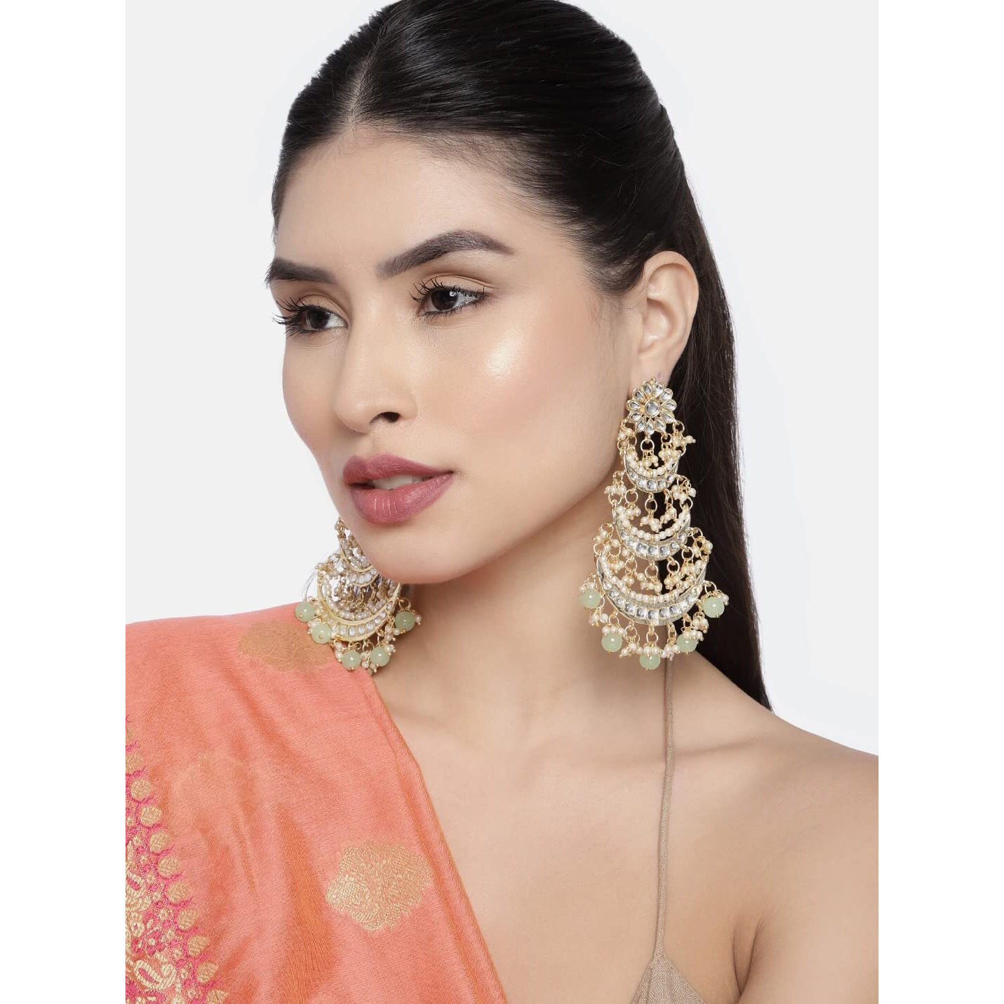 I Jewels 18k Gold Plated 3 Layered Beaded Chandbali Earrings with Kundan and Pearl Work for Women (E2859-1) (Mint)
