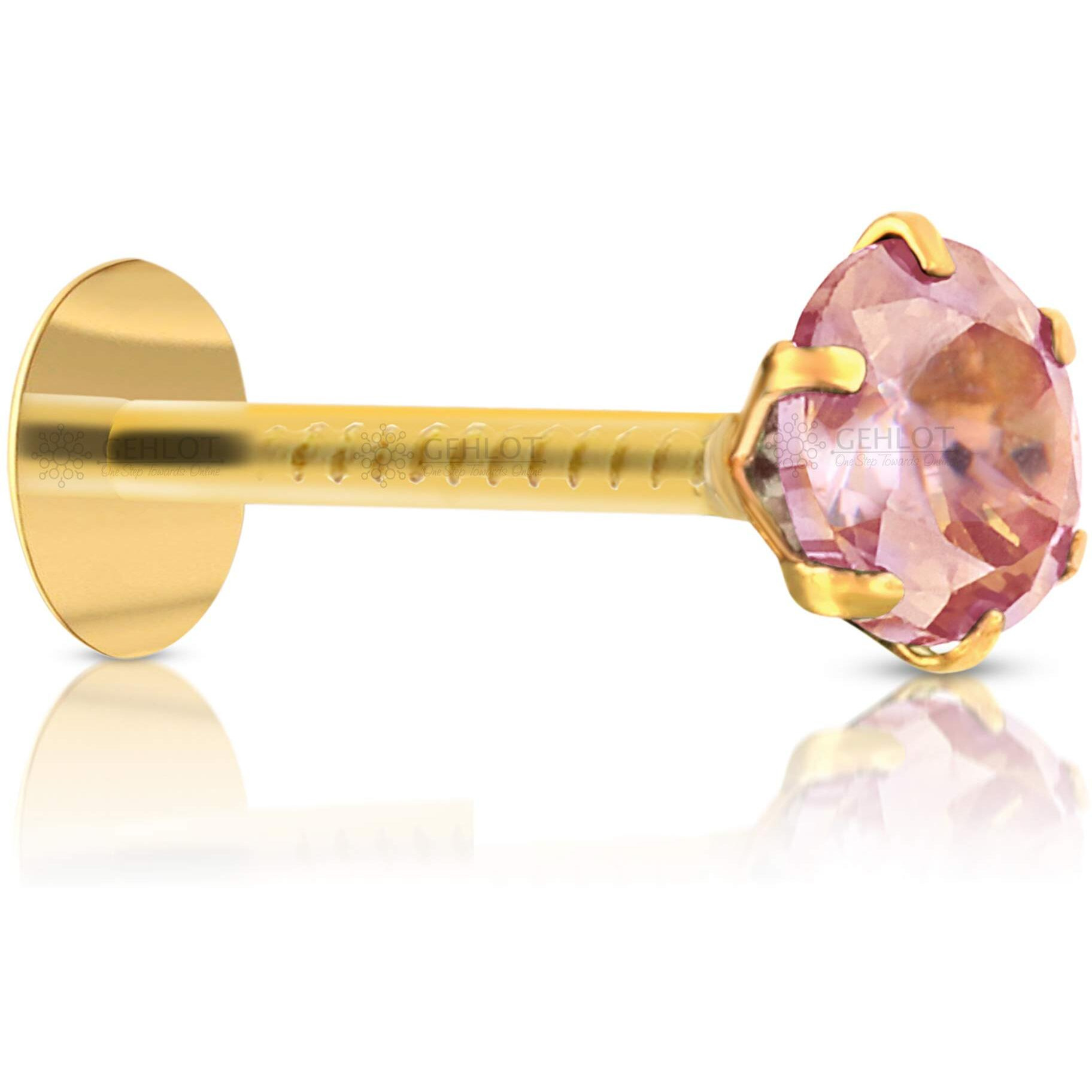 GEHLOT  OneStep Towards Online Round Shape Pink Diamond 14K Pure Yellow Gold Nose Pins Studs For Women And Girl (Light Pink teeth round)