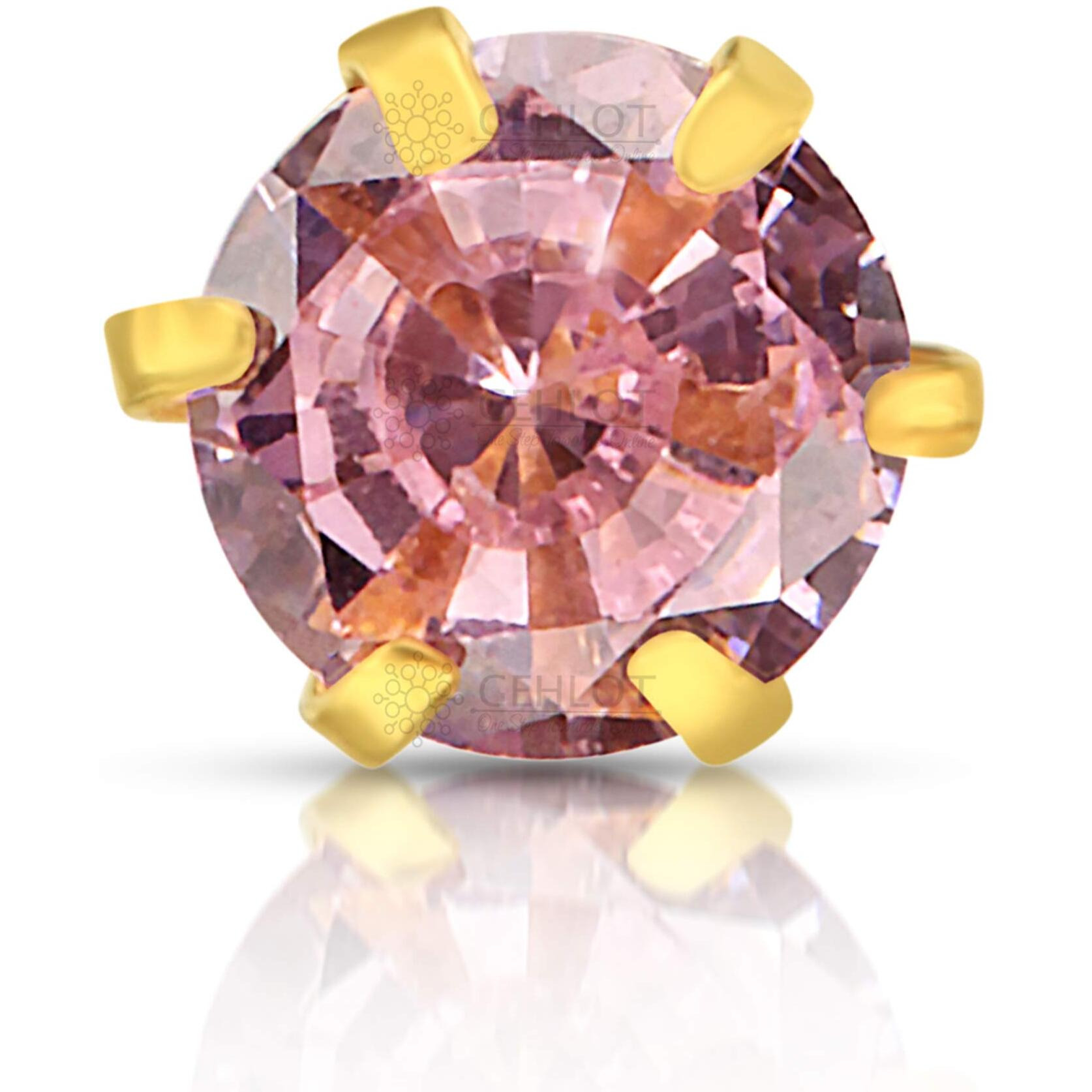 GEHLOT  OneStep Towards Online Round Shape Pink Diamond 14K Pure Yellow Gold Nose Pins Studs For Women And Girl (Light Pink teeth round)