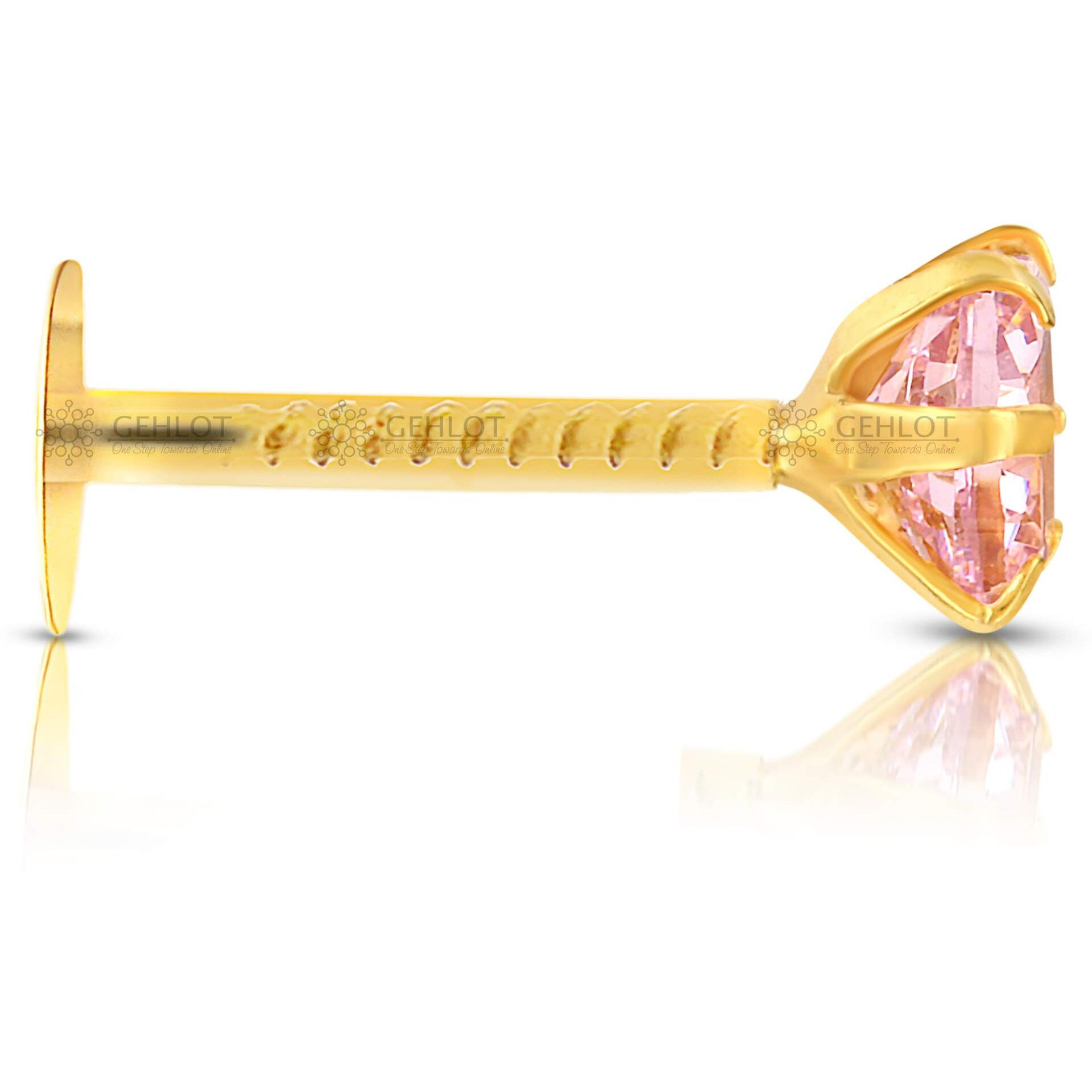 GEHLOT  OneStep Towards Online Round Shape Pink Diamond 14K Pure Yellow Gold Nose Pins Studs For Women And Girl (Light Pink teeth round)