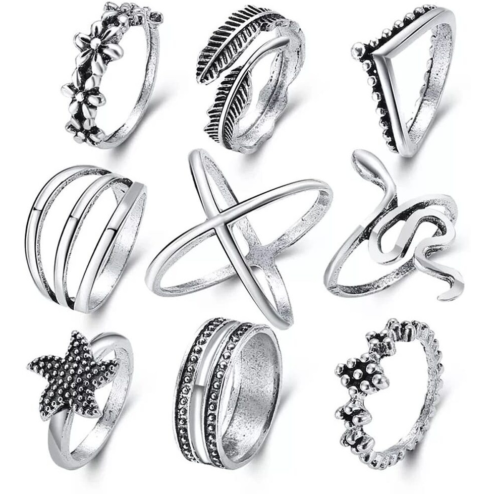 Shining Diva Fashion Latest Stylish Metal Boho Midi Finger Rings for Women and Girls - Set of 9 (D13049r), Silver