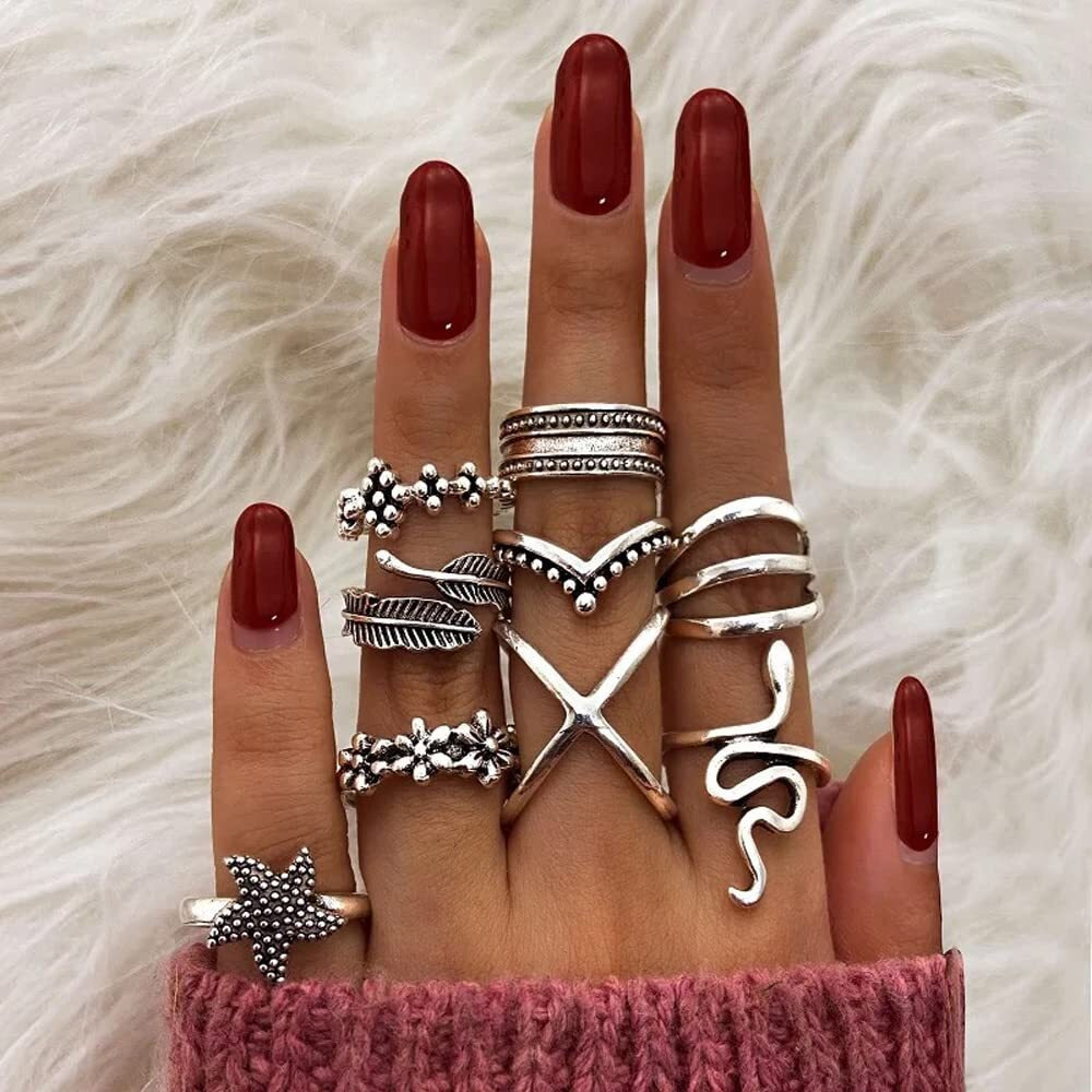 Shining Diva Fashion Latest Stylish Metal Boho Midi Finger Rings for Women and Girls - Set of 9 (D13049r), Silver
