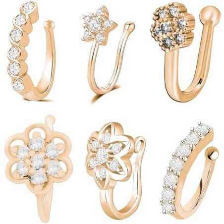 VAMA FASHIONS Clip on Golden Nose pin without Hole Non Piercing Pressing Type Nose ring Stud for Women & Girls (Gold Nose pin Combo)