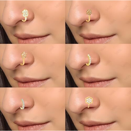 VAMA FASHIONS Clip on Golden Nose pin without Hole Non Piercing Pressing Type Nose ring Stud for Women & Girls (Gold Nose pin Combo)