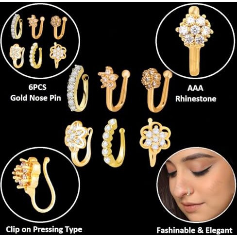 VAMA FASHIONS Clip on Golden Nose pin without Hole Non Piercing Pressing Type Nose ring Stud for Women & Girls (Gold Nose pin Combo)