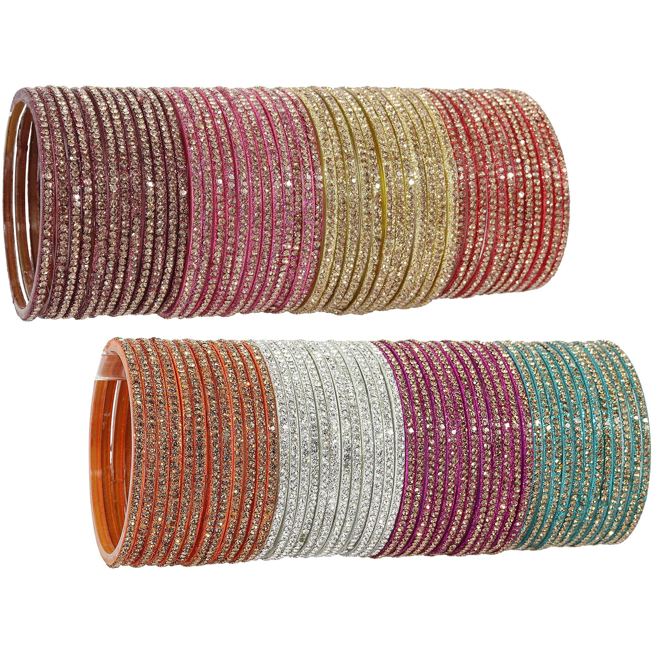 NMII Glass with Zircon Gemstone Studdded Glossy Finished Traditional Bangle Set For Women and Girls, (G103_Combo-A_2.6 Inches), Pack Of 96 Bangle Set