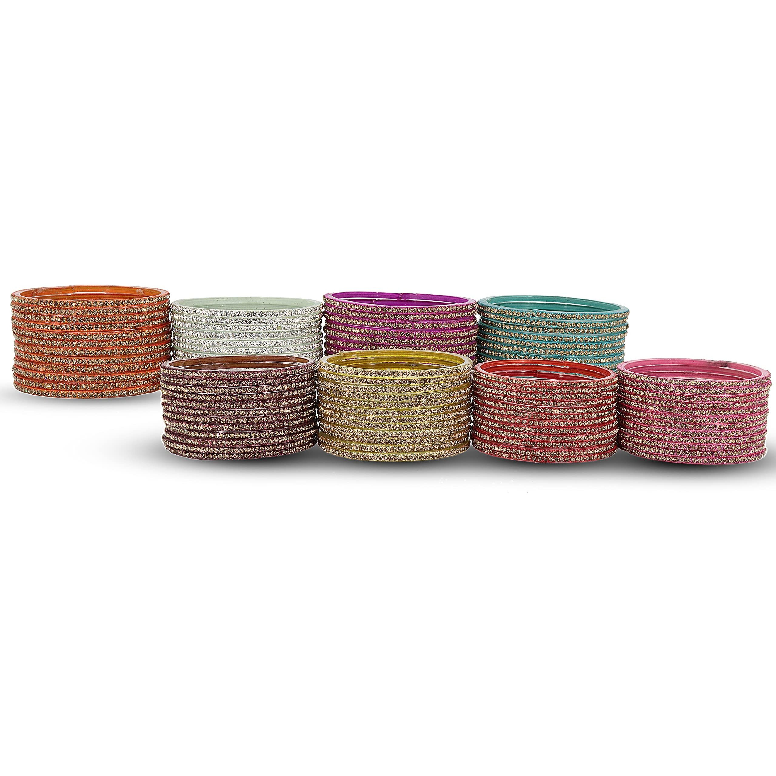 NMII Glass with Zircon Gemstone Studdded Glossy Finished Traditional Bangle Set For Women and Girls, (G103_Combo-A_2.6 Inches), Pack Of 96 Bangle Set