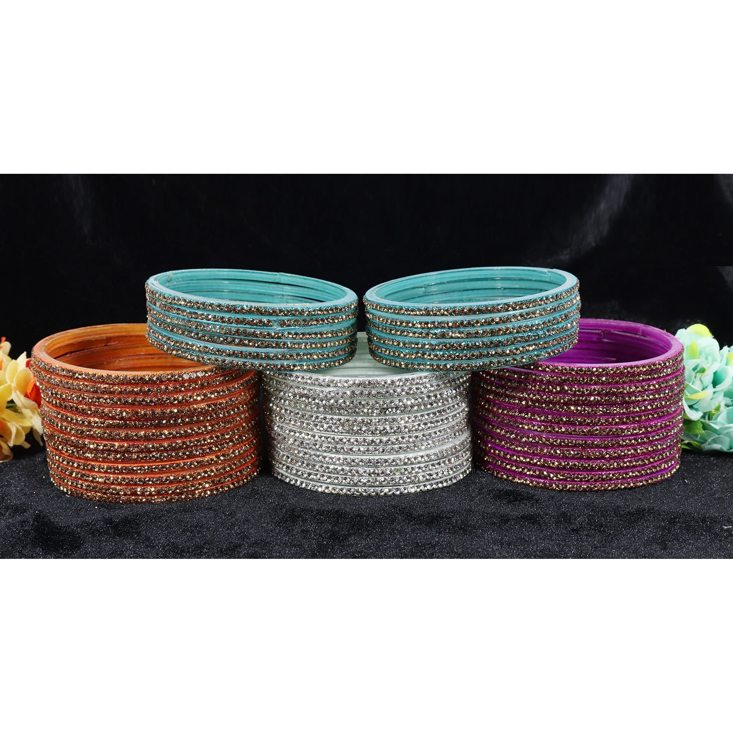 NMII Glass with Zircon Gemstone Studdded Glossy Finished Traditional Bangle Set For Women and Girls, (G103_Combo-A_2.6 Inches), Pack Of 96 Bangle Set