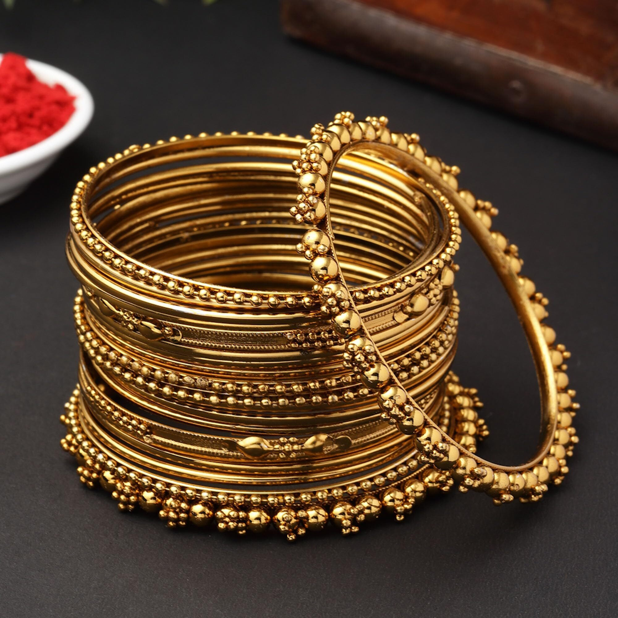 ZENEME Oxidised Silver-Plated Textured Bangles Jewellery Set for Girls and Women (2.4 Inch) (Mehandi, 2.8 Inches)