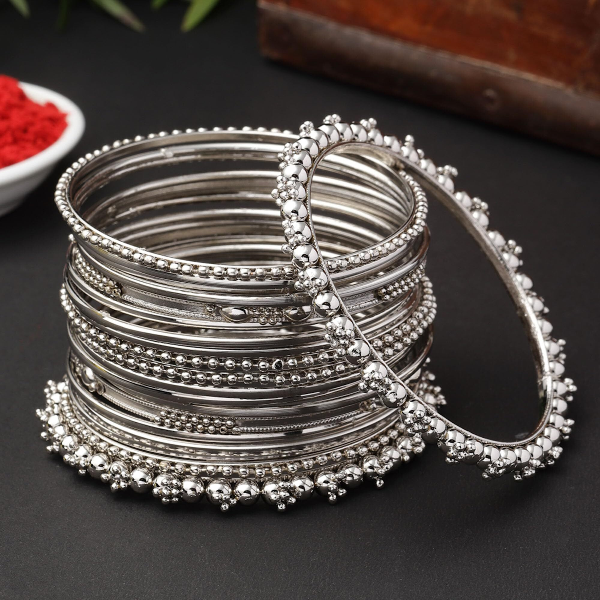 ZENEME Oxidised Silver-Plated Textured Bangles Jewellery Set for Girls and Women (2.4 Inch) (Silver, 2.6 Inches)