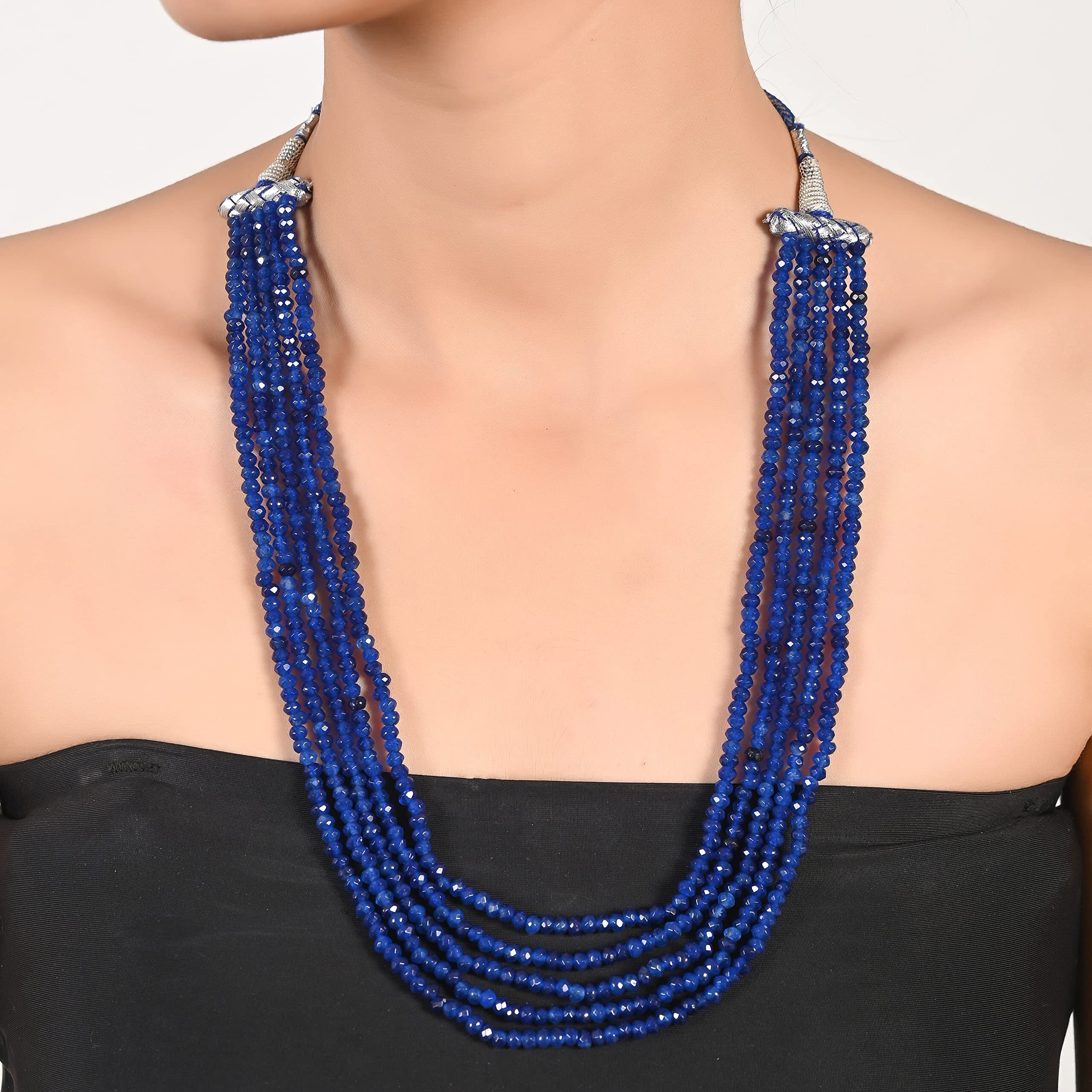 Ratnavali Jewels Five Layer Blue Color Real Blue Sapphire Onyx Stone Beads Necklace for Women and Girls (Five Layer) RV2223B
