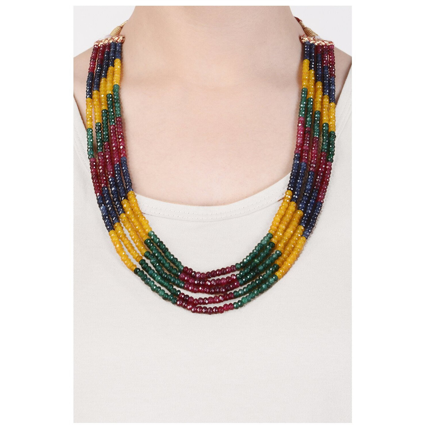 Ratnavali Jewels Five Layer Multi-Colour Real Ruby Emerald Onyx Stone Beads Necklace for Women and Girls (Multi Color Five Layer) (Five Layer)