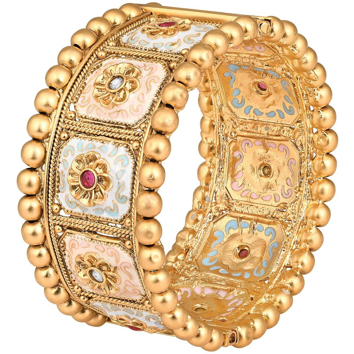 Peora Gold Plated Meenakari Work Thick Single Piece Openable Kadaa Bangle Ethnic Jewellery for Women (Size- 2.8 inch)