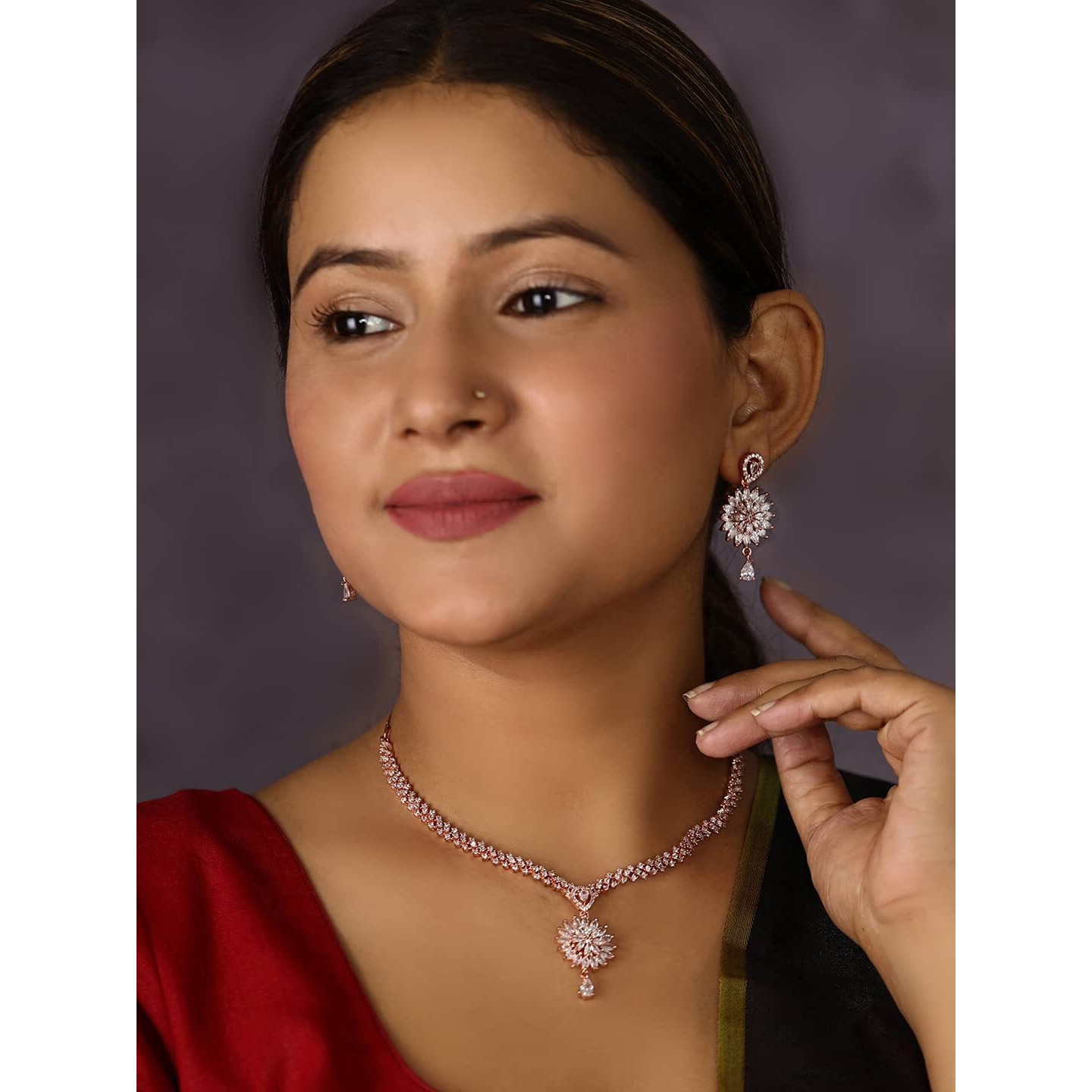 Priyaasi Rose Gold Jewellery Set for Women (Plated) | American Diamond Jewellery Set for Women | Floral Pattern | Jewellery Set for Girls