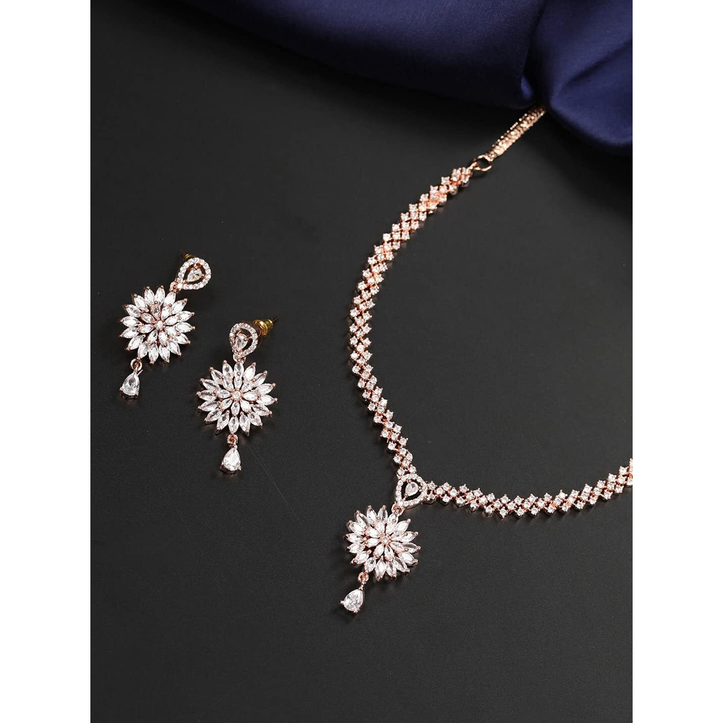 Priyaasi Rose Gold Jewellery Set for Women (Plated) | American Diamond Jewellery Set for Women | Floral Pattern | Jewellery Set for Girls