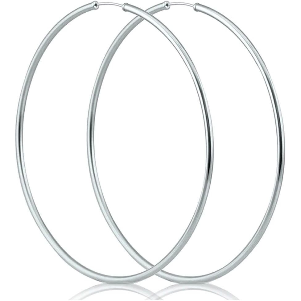 SIVYAA Pure 925 Sterling Silver Plain Round Hoop Bali Earrings for Women Men Boys & Girls, 45mm Large
